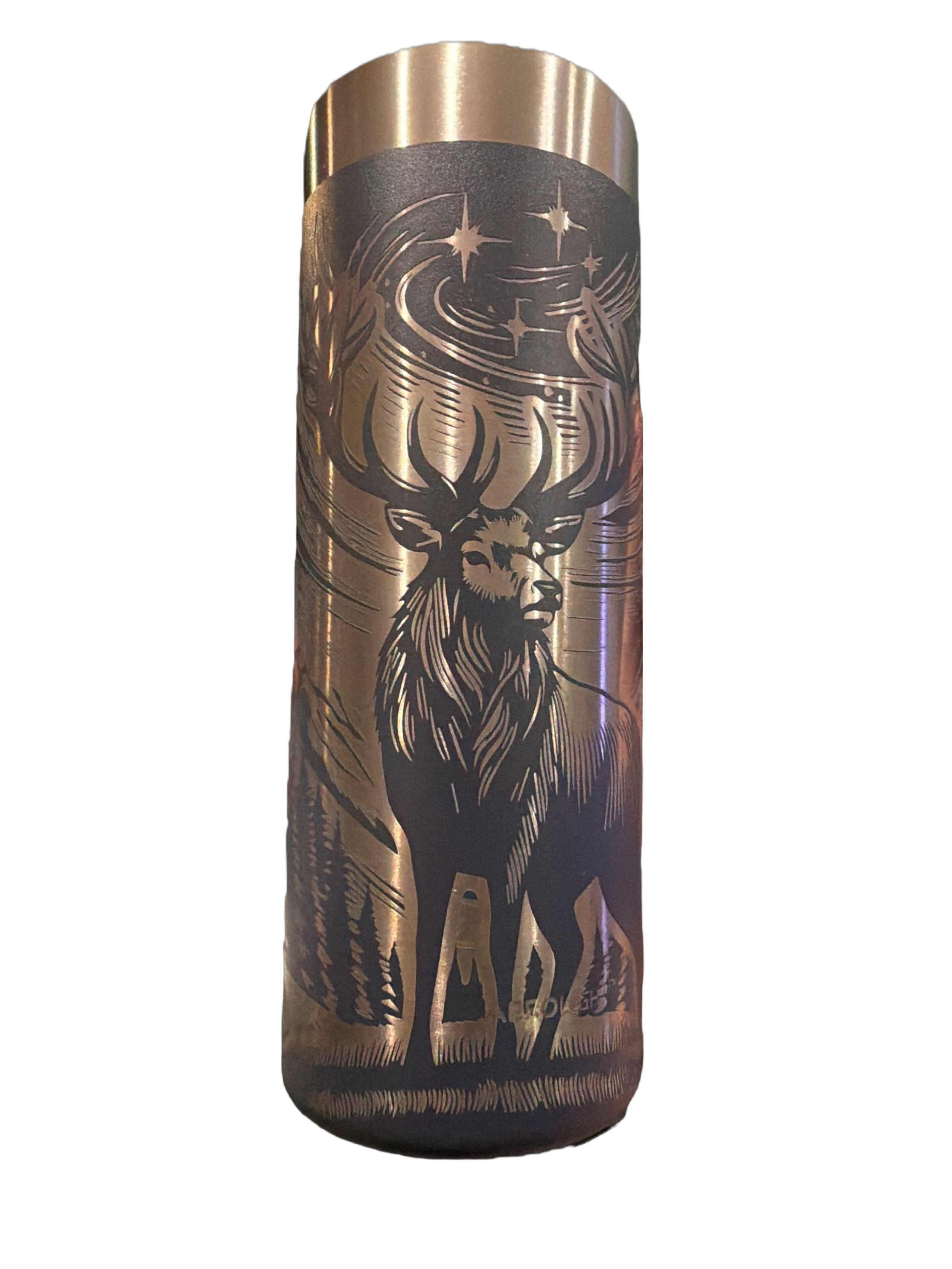 Metal water bottle with a detailed engraving of a deer's head with antlers and a howling wolf head inside its antlers, set against a night sky with stars and swirling patterns.