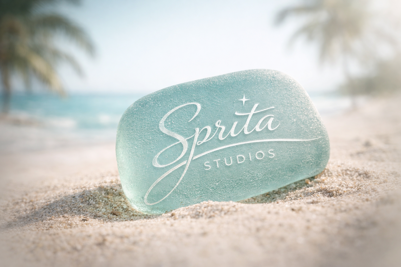 A light blue, frosted rock with the words 'Sprita Studios' etched on it, lying on sandy beach with blurred palm trees and ocean in the background.