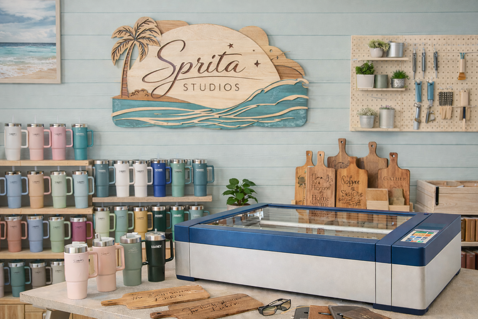 Interior of a coffee studio with a colorful assortment of tumblers, a glass-topped display freezer, wooden cutting boards, and potted plants on a light blue wall with a large 'Sprita Studios' sign featuring a palm tree and waves.