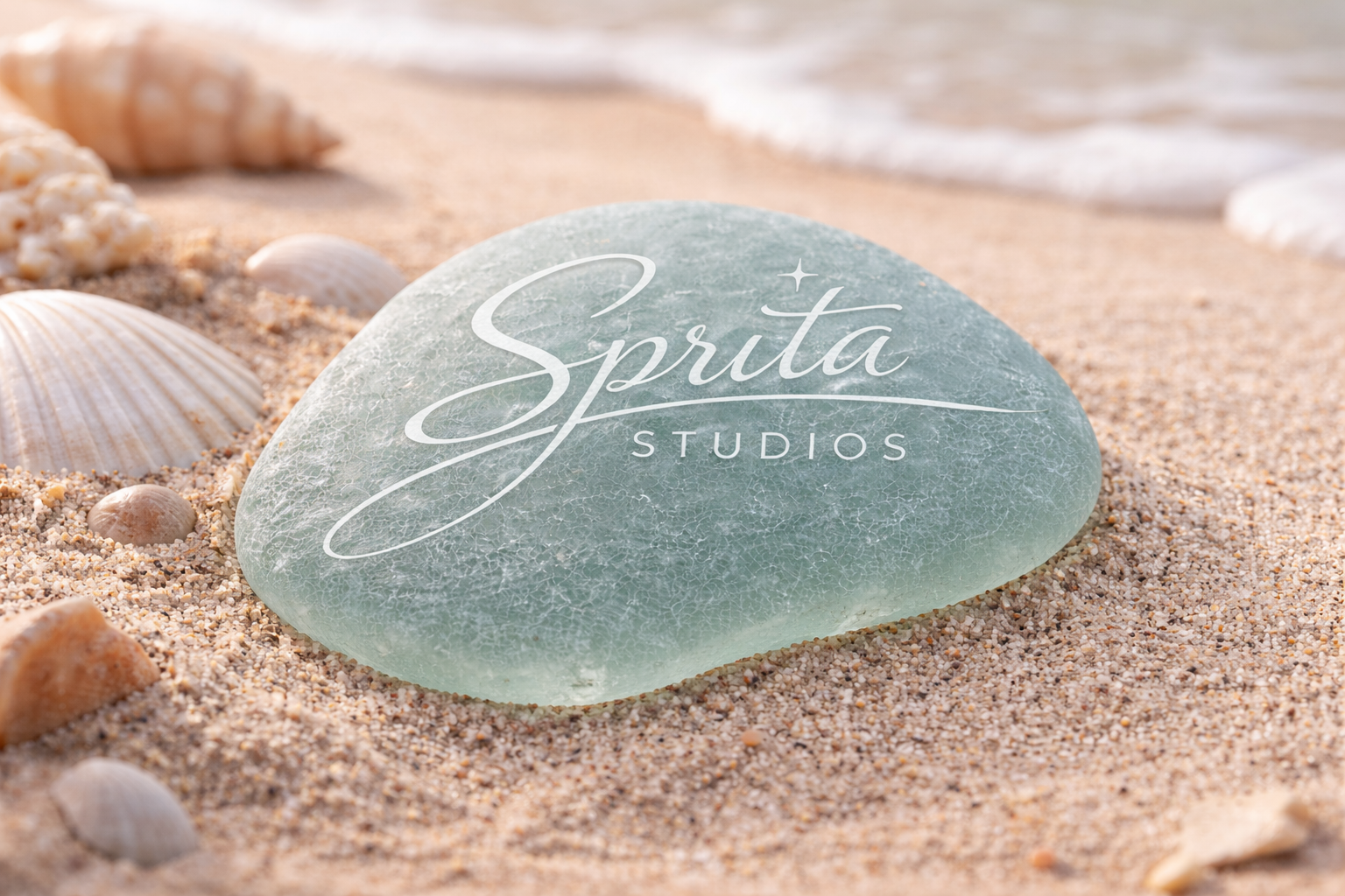 A large, smooth sea glass with the words 'Spruta Studios' written on it, lying on sandy beach with seashells nearby.