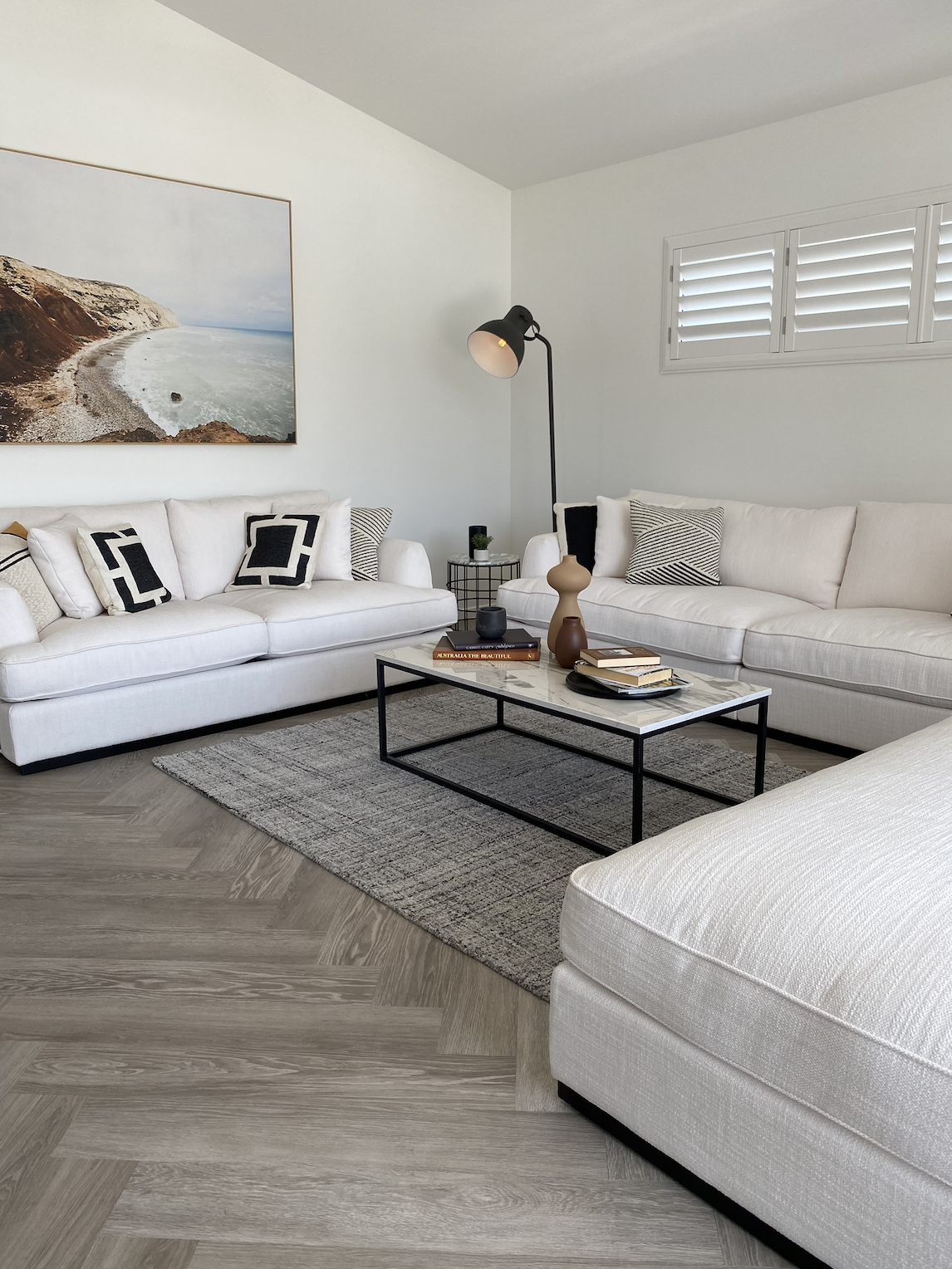 Modern living room with plantation shutters Sunshine Coast.