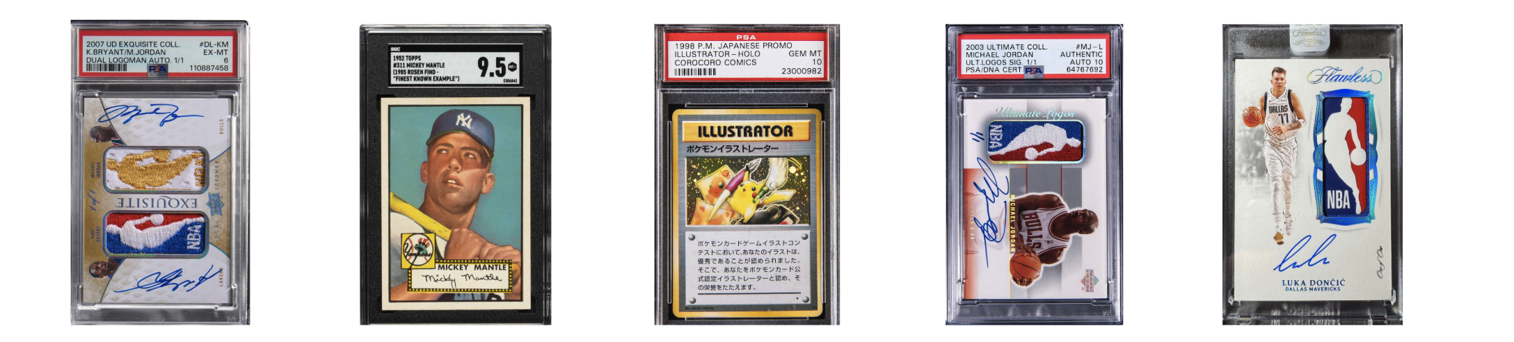Five high end collectibles trading cards  featuring baseball, pokemon, basketball, and NBA players, with autographs and graded labels.