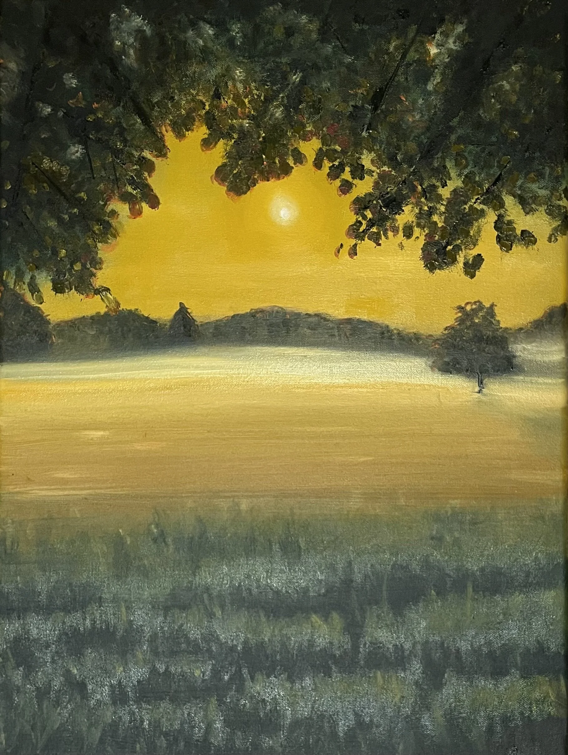 A landscape painting of a sunset over a field, with large trees in the foreground, a yellow sky, and a glowing sun.