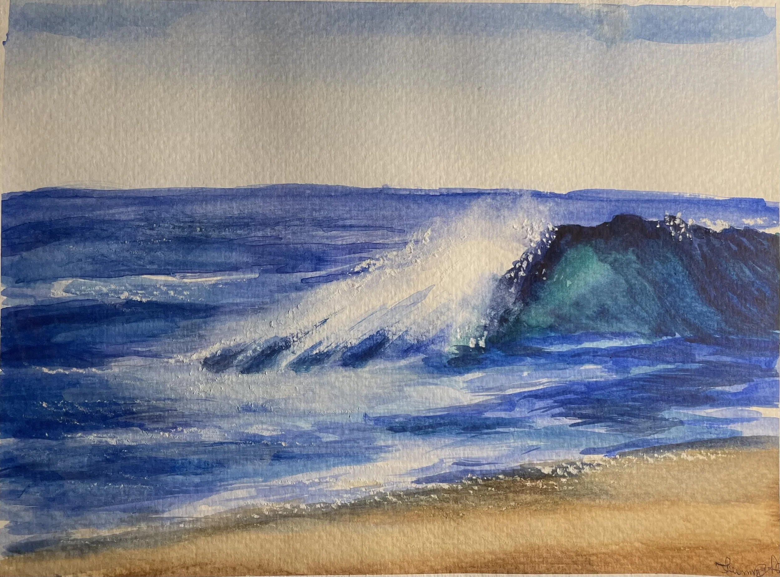 Watercolor painting of a beach scene featuring waves crashing onto the sandy shore with a clear sky above.