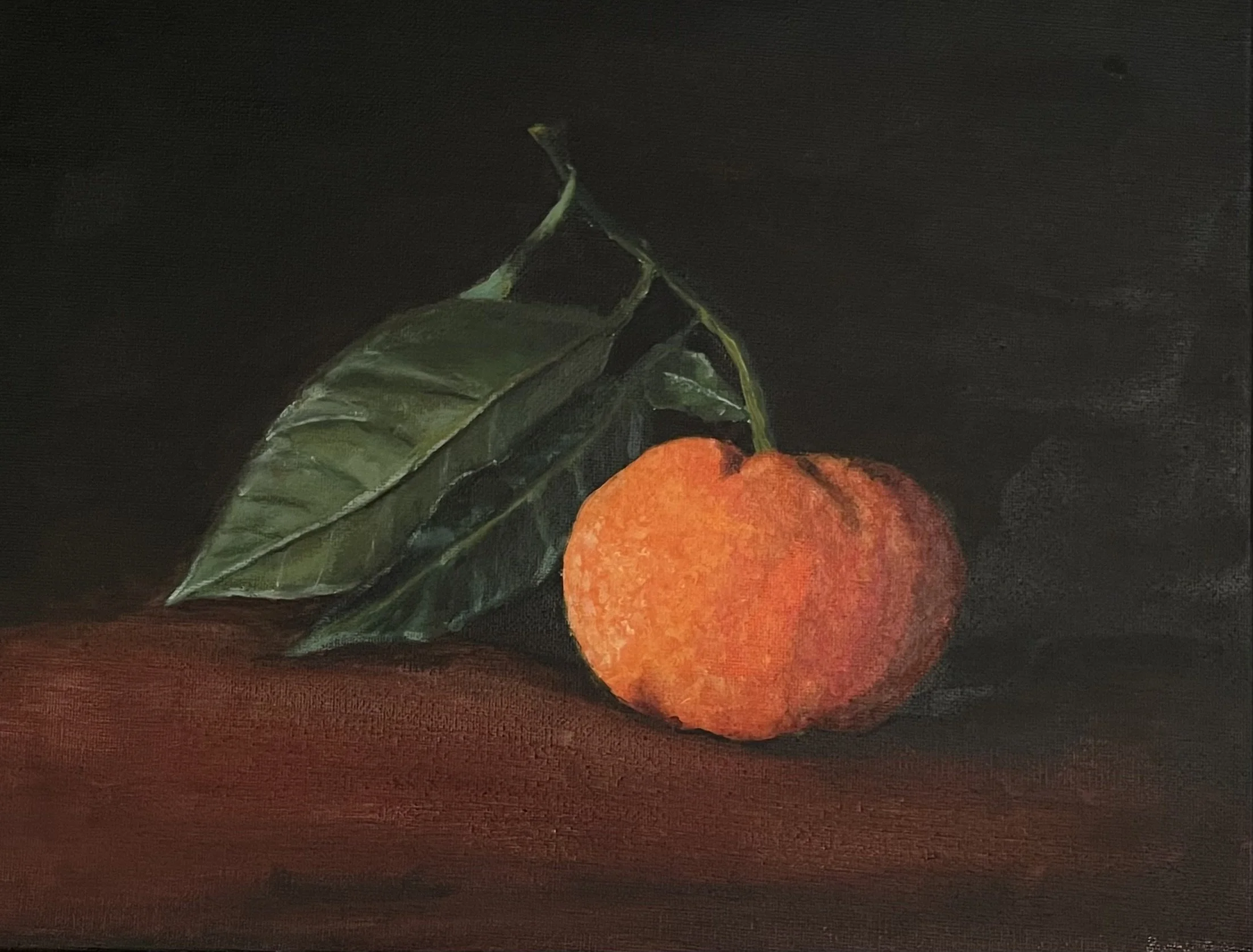 A still life painting of an orange with green leaves on a dark background.