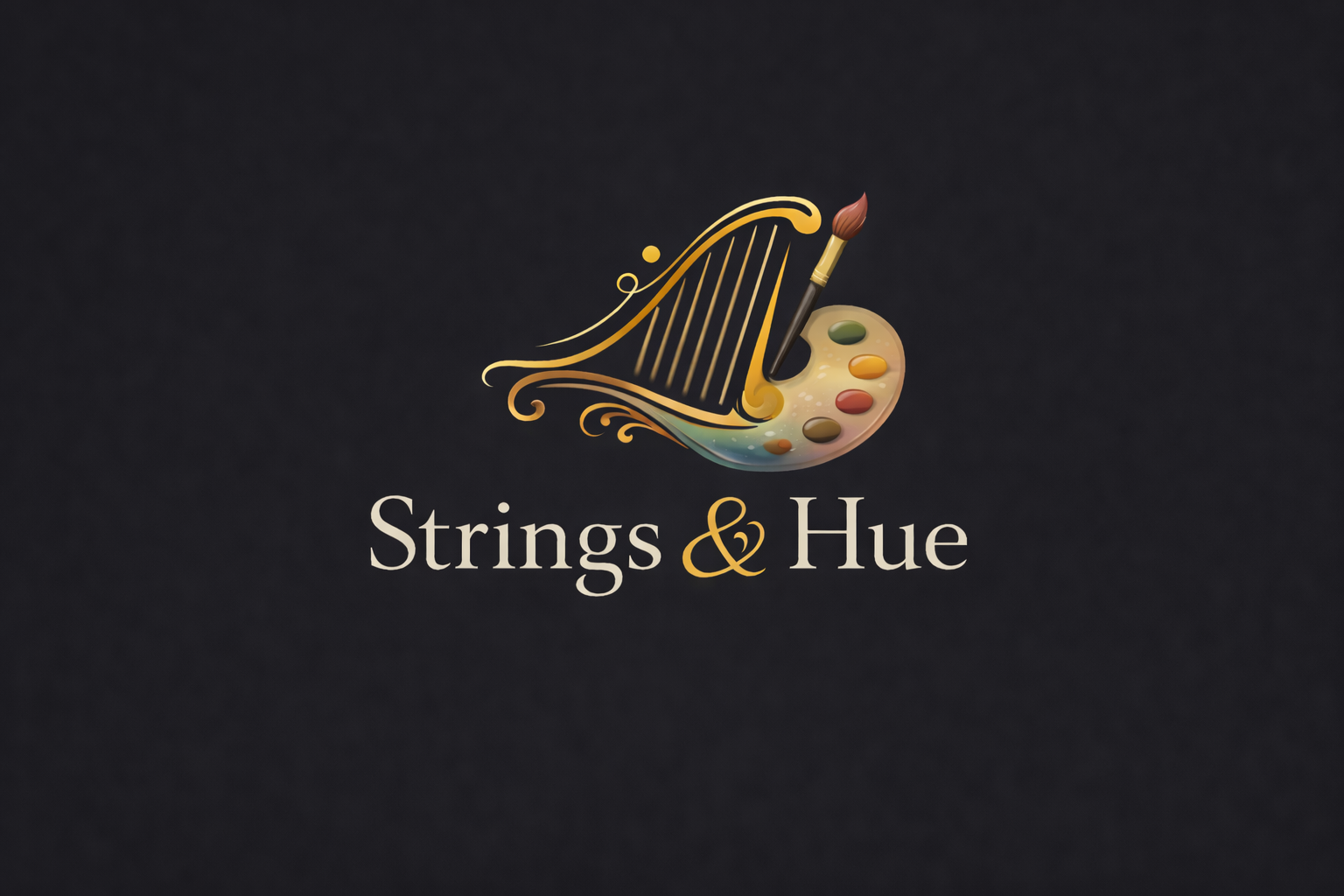 A logo with a music staff, a painter's palette with paint colors, and a paintbrush, accompanied by the text 'Strings & Hue'.