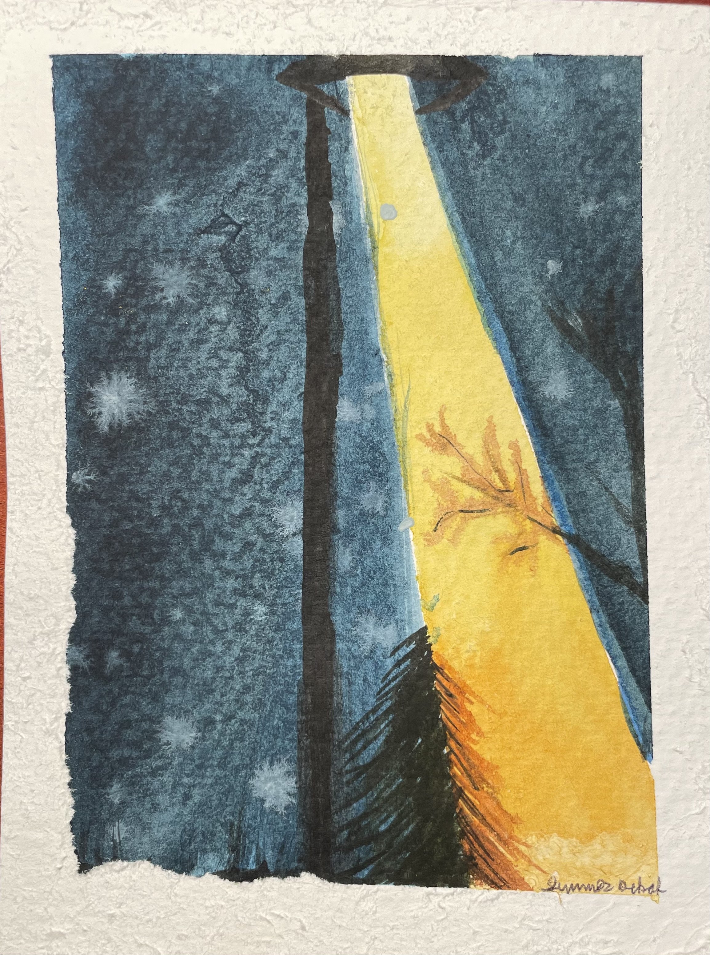 Painting of a lamppost casting a yellow light on a street at night, with a dark background and faint snowflakes.