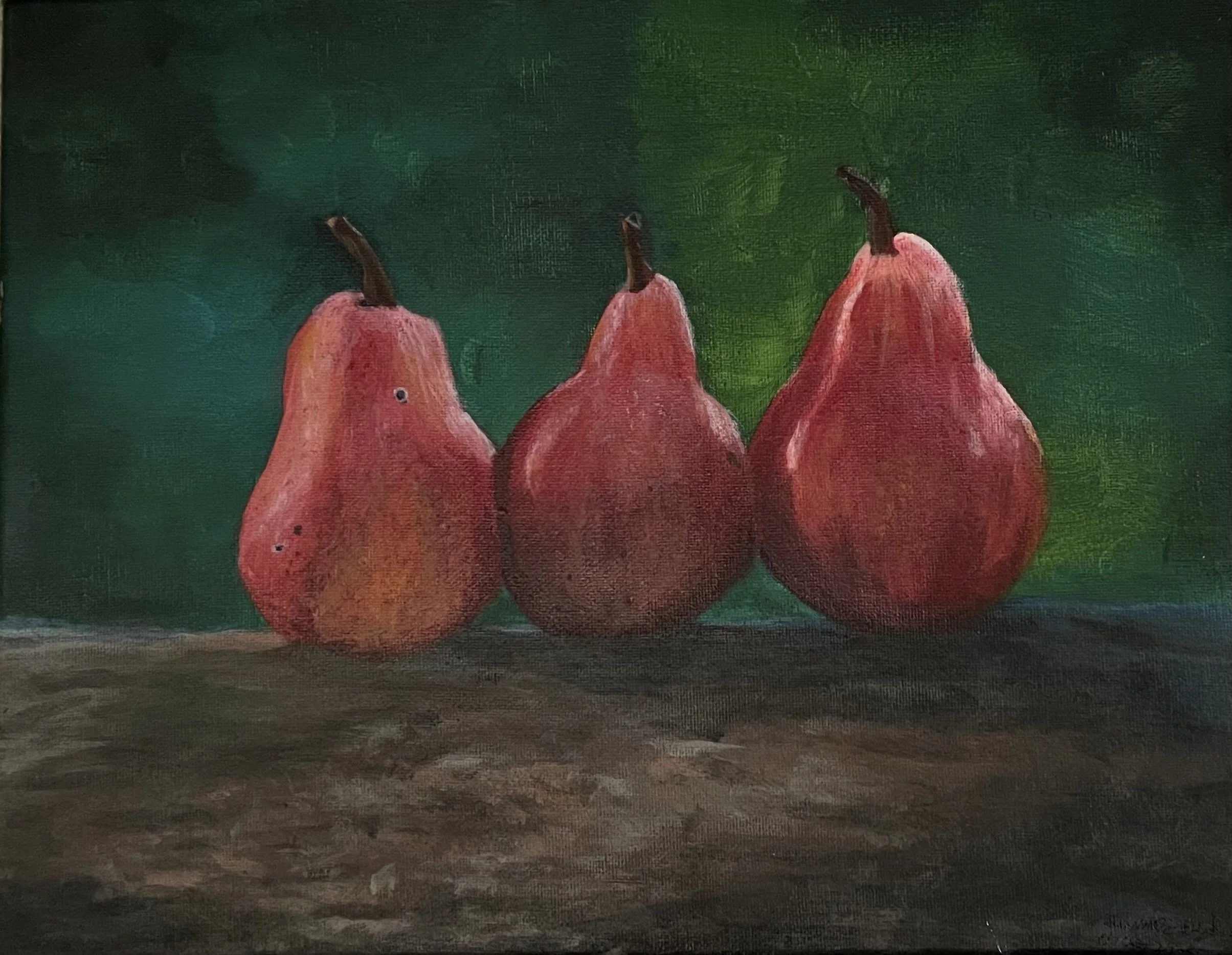 Painting of three red pears on a wooden surface with a green leafy background.