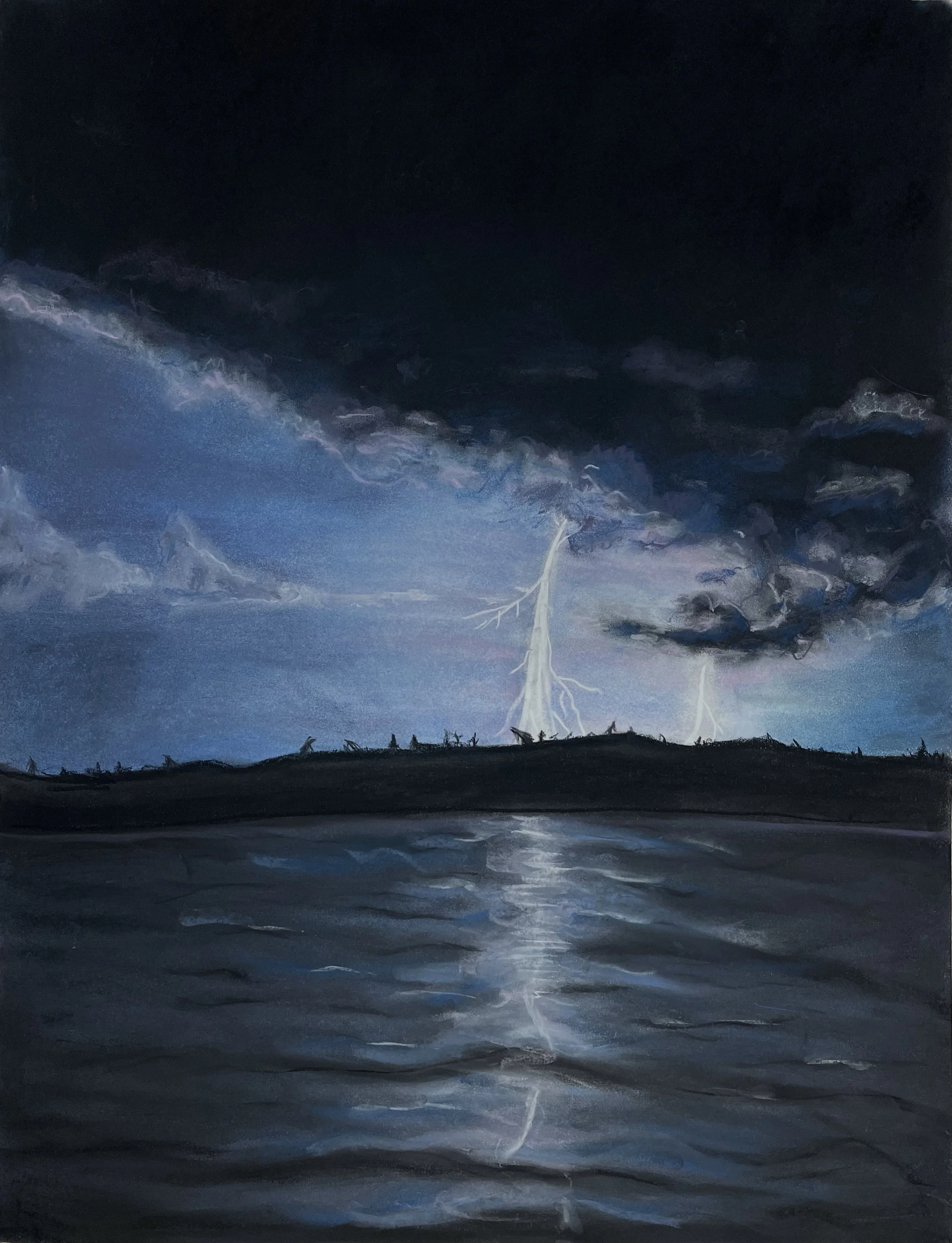 A painting depicting a dark stormy sky with lightning striking down in the distance over a body of water, with reflections on the water surface.