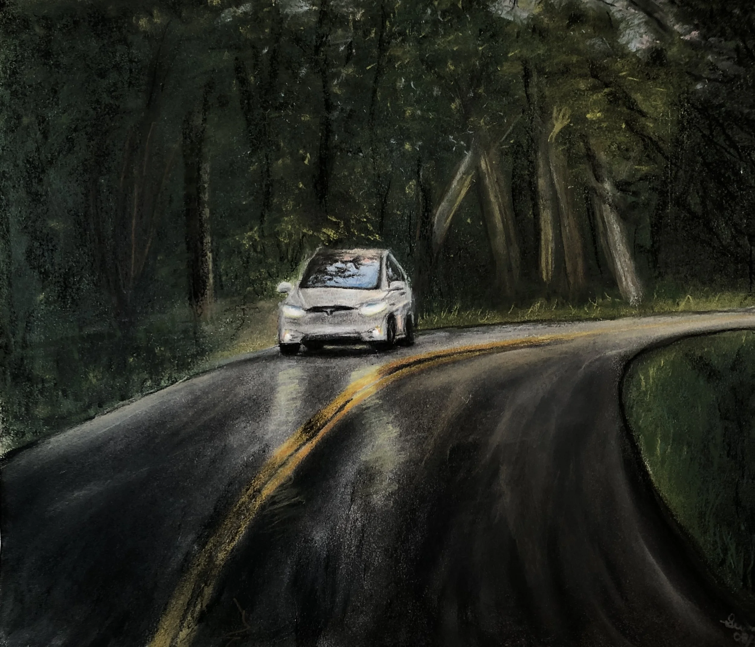 A painting of a silver car driving on a curvy road through a wooded area with dense green trees on both sides.