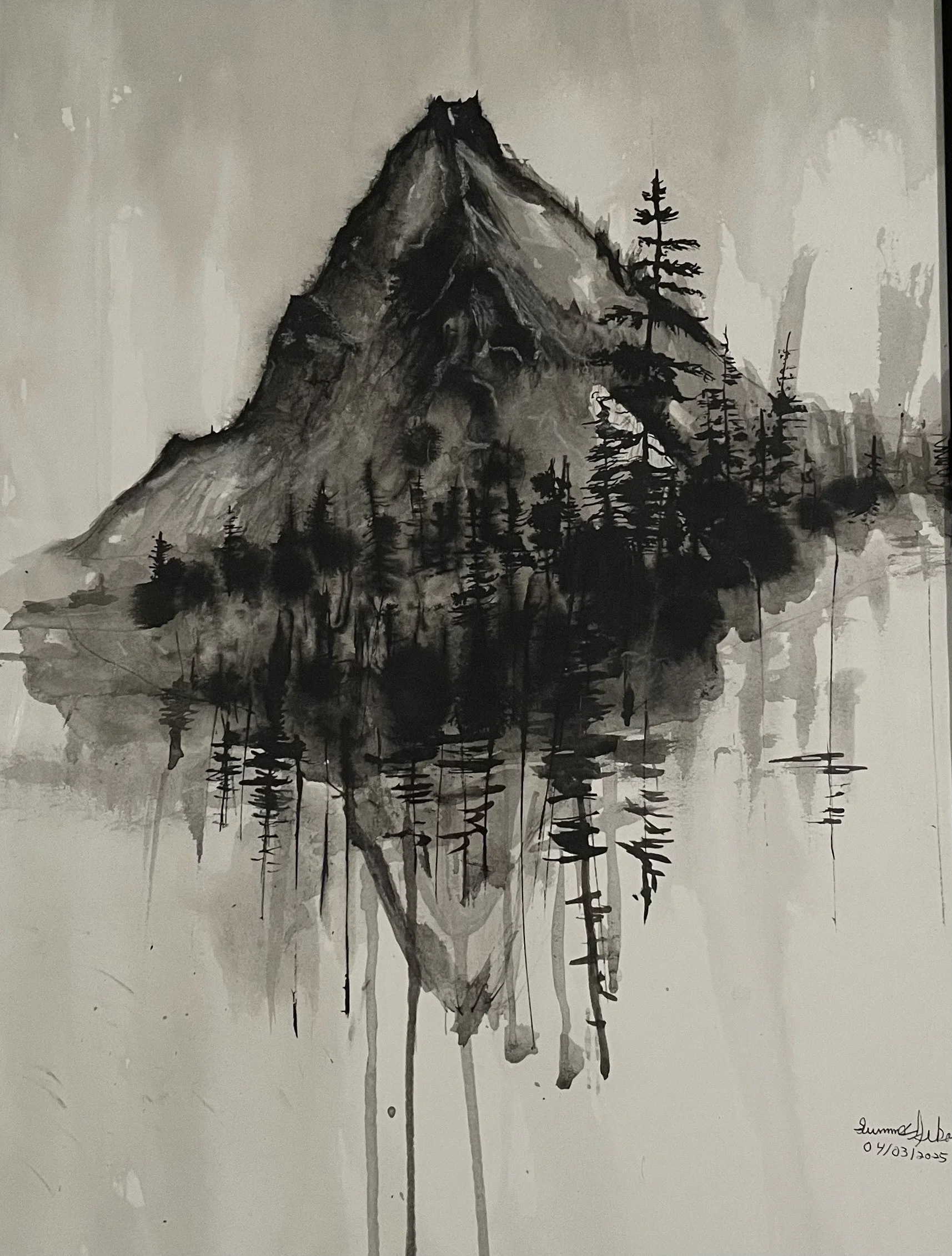 Black and gray watercolor painting of a mountain reflected in a lake, with trees along the shoreline.