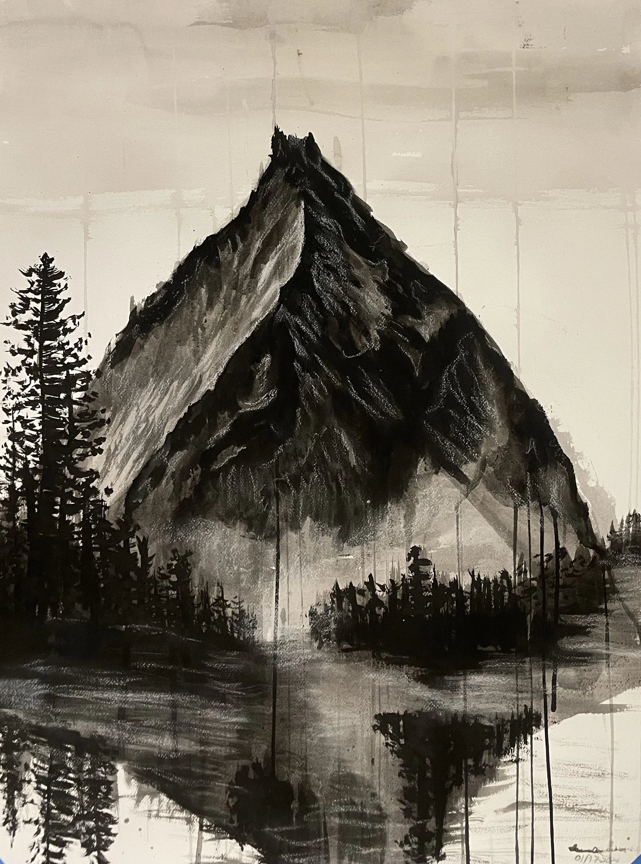 A black and white painting of a mountain with a lake at its base, tall trees on the left side, and a reflection of the mountain and trees in the water.
