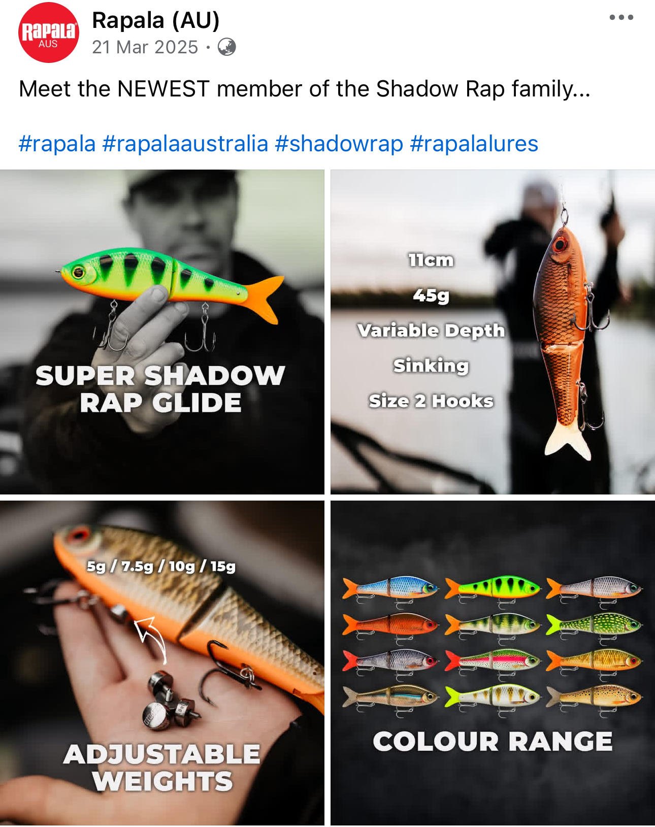 Entertainment advertisement for Super Shadow Rap Glide fishing lure, featuring two images of the lure, specifications with size, weight, and features such as variable depth and sinking, a display of different colors, and adjustable weights for custom