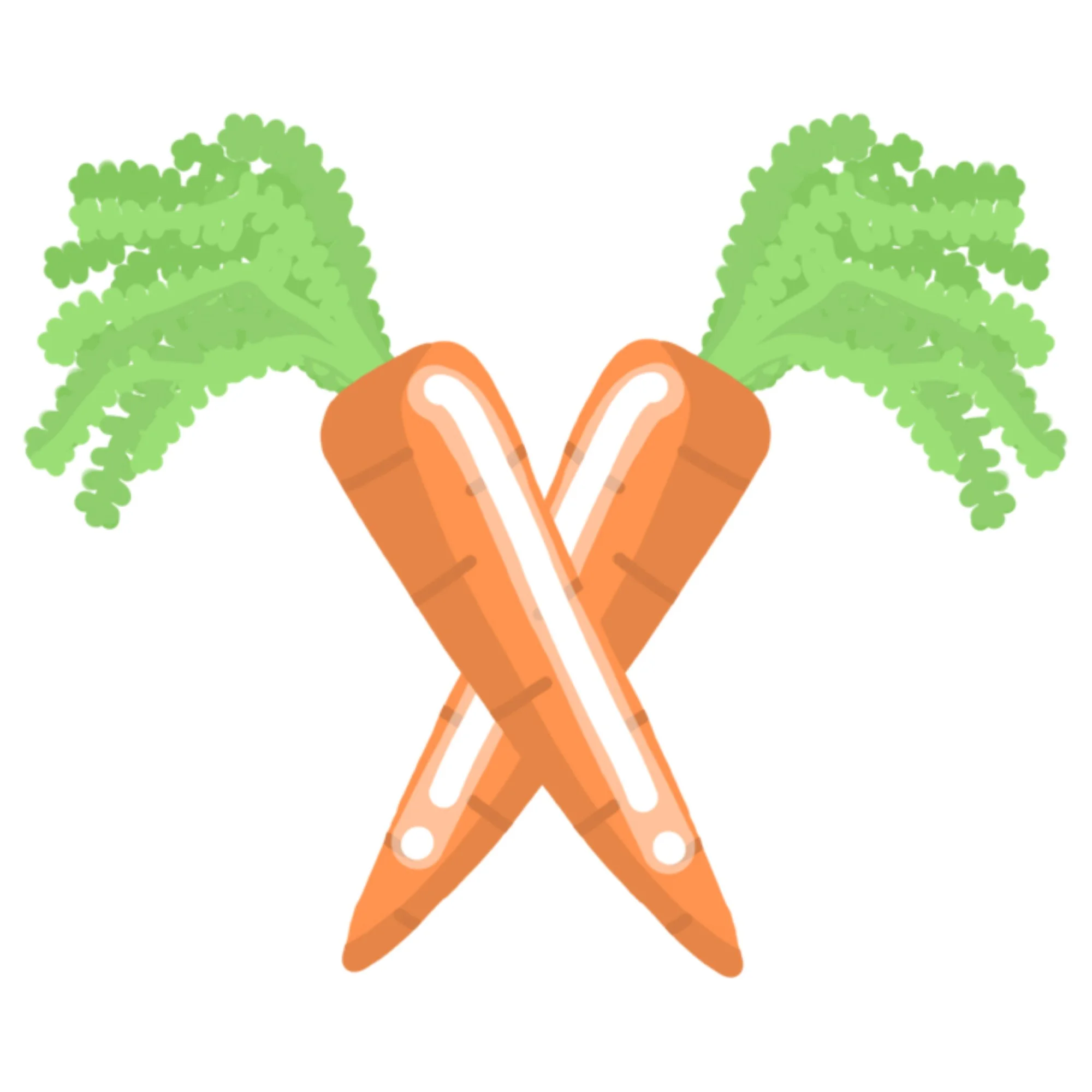 Illustration of two carrots with leafy tops crossed to form an X.