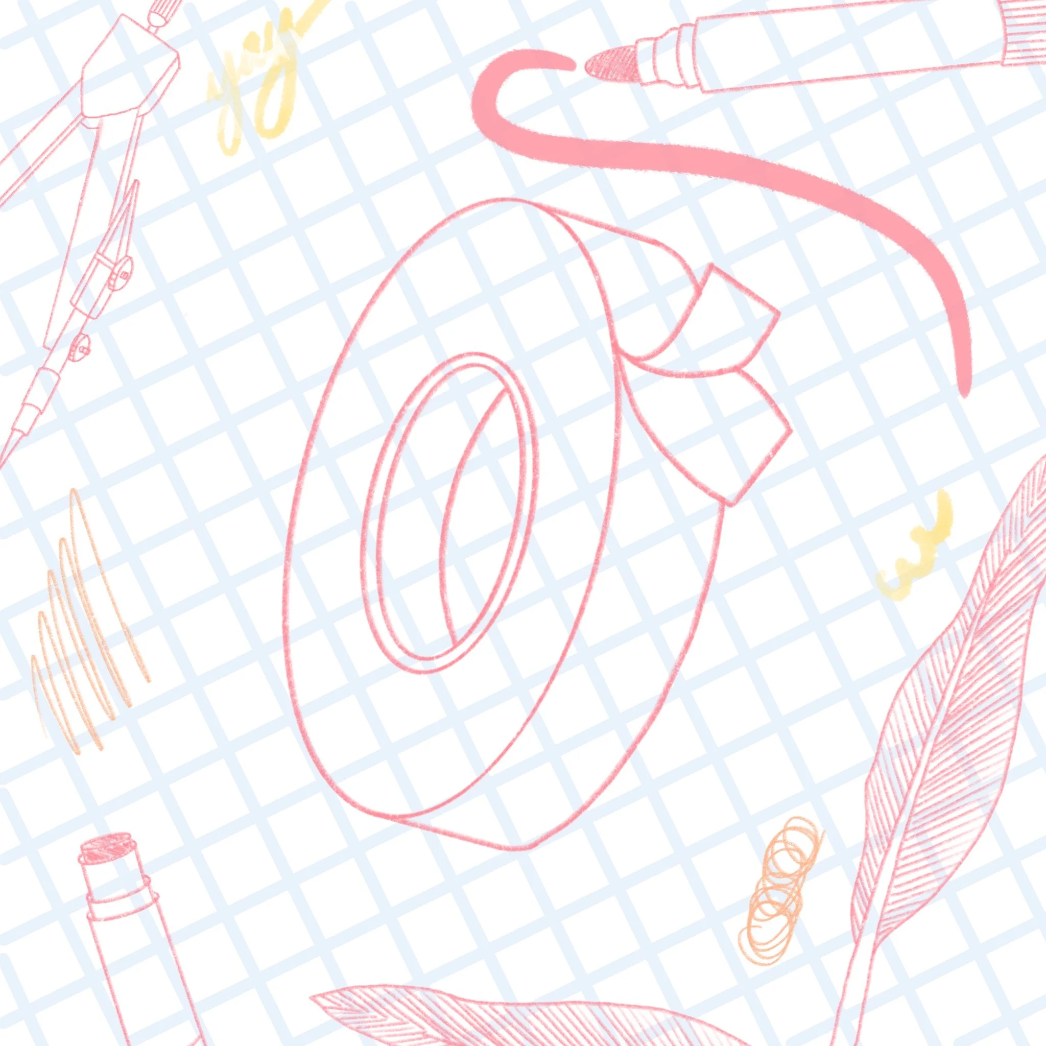 A colorful, hand-drawn illustration featuring makeup tools and accessories, including lipstick, mascara, and brushes, with a large, stylized number 0 in the center, set against a graph paper background.