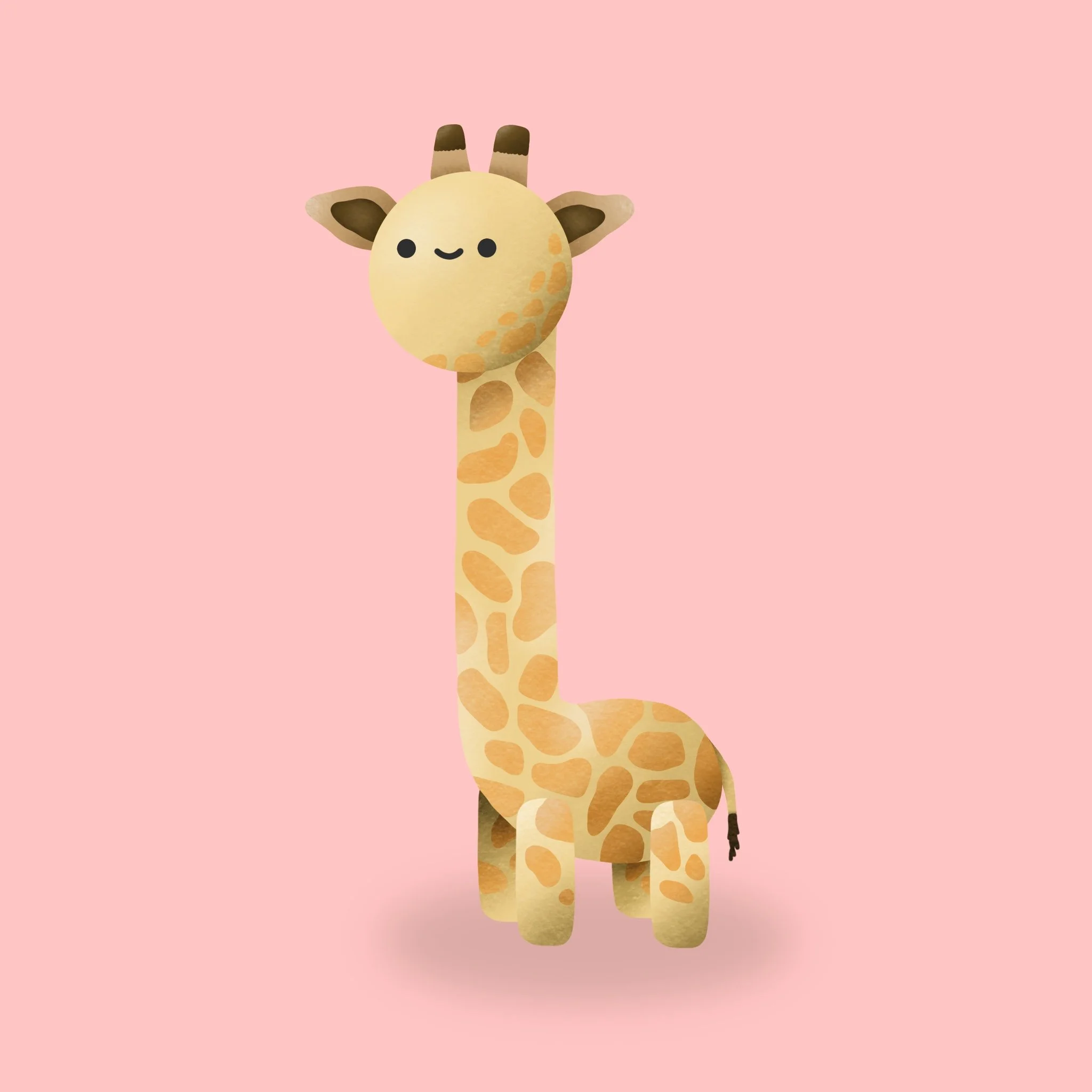 A cartoon giraffe with a smiling face, standing on a pink background.
