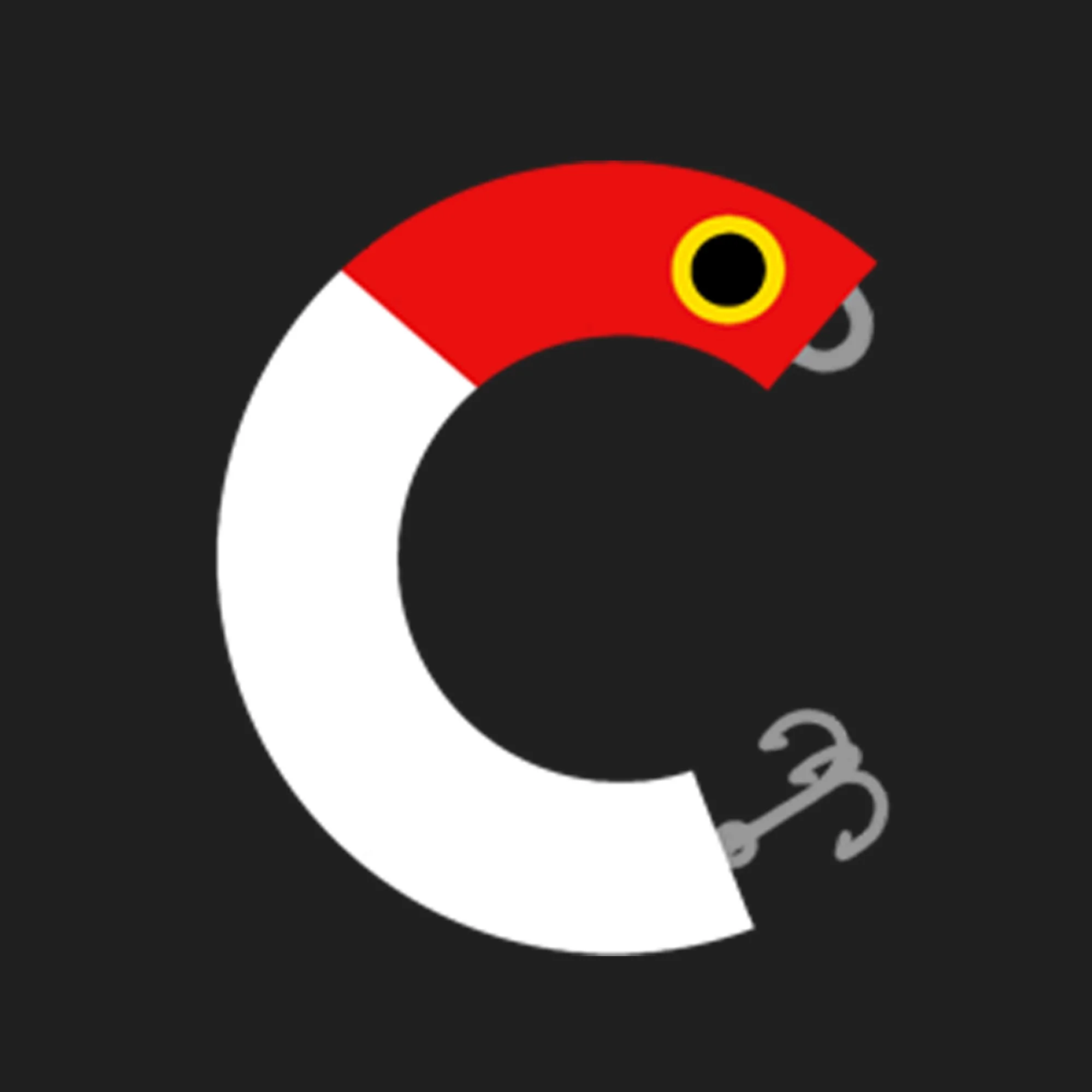Illustration of a hook shaped object with a red and white color pattern, resembling a creature with a yellow and black eye and a gray hook at the bottom, set against a black background.