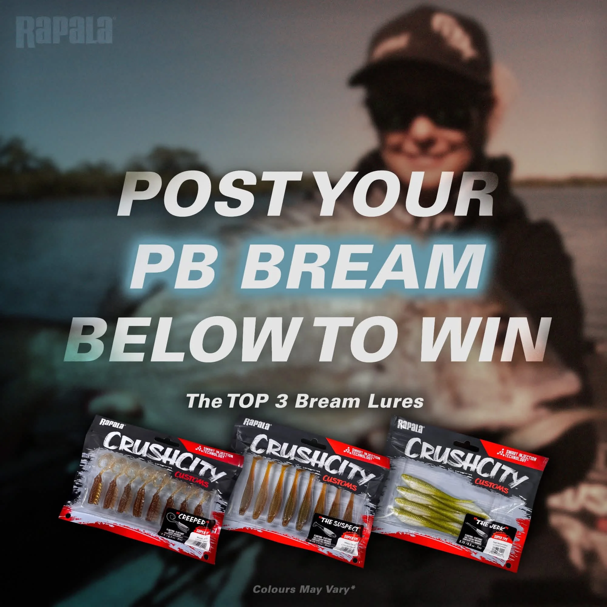 Advertisement for Rapala CrushCity bream lures, featuring three packages of fishing lures with the text: 'Post your PB Bream below to win. The top 3 bream lures. Colours may vary.'