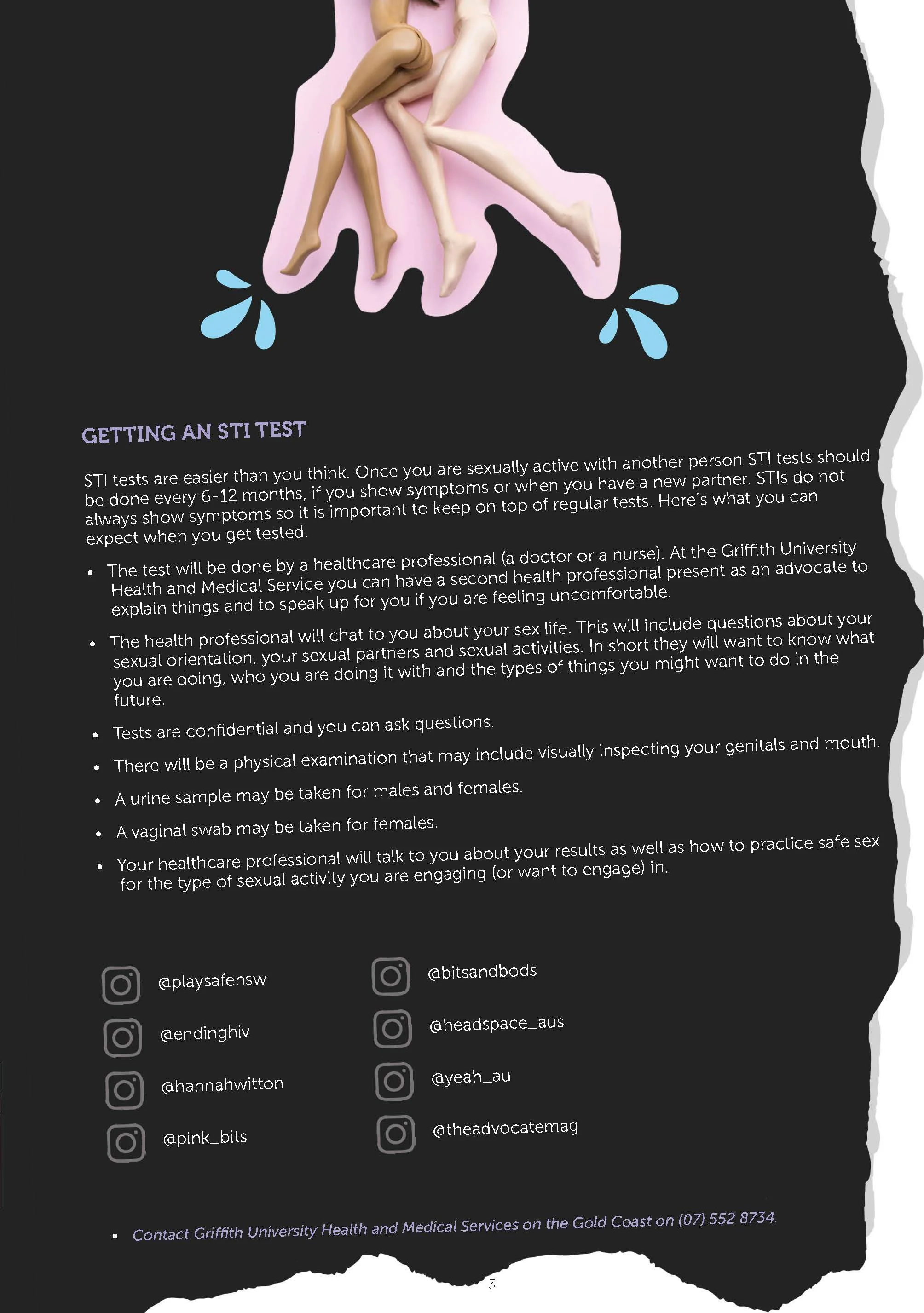 An informational flyer about getting an STI test, featuring an illustration of four legs with varying skin tones and painted nails, with small water splash accents. The flyer includes details on STI testing procedures, confidentiality, and contact in