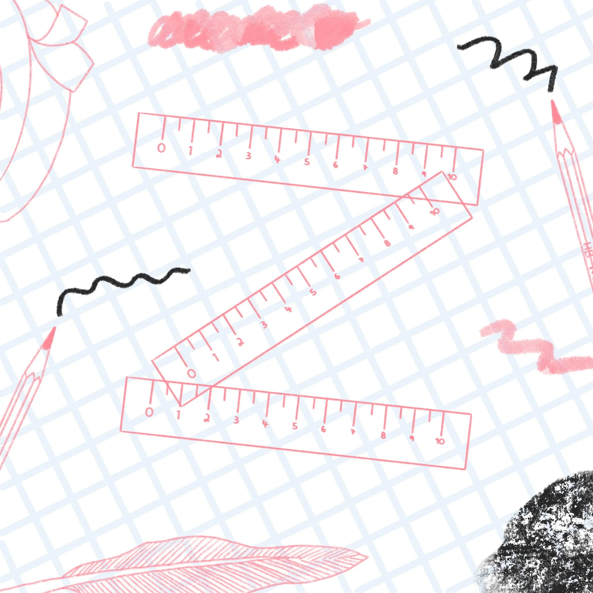 Seamless pattern featuring pink rulers, black squiggly lines, pink clouds, a pencil, a feather, and a black and white textured circle on a light blue grid background.