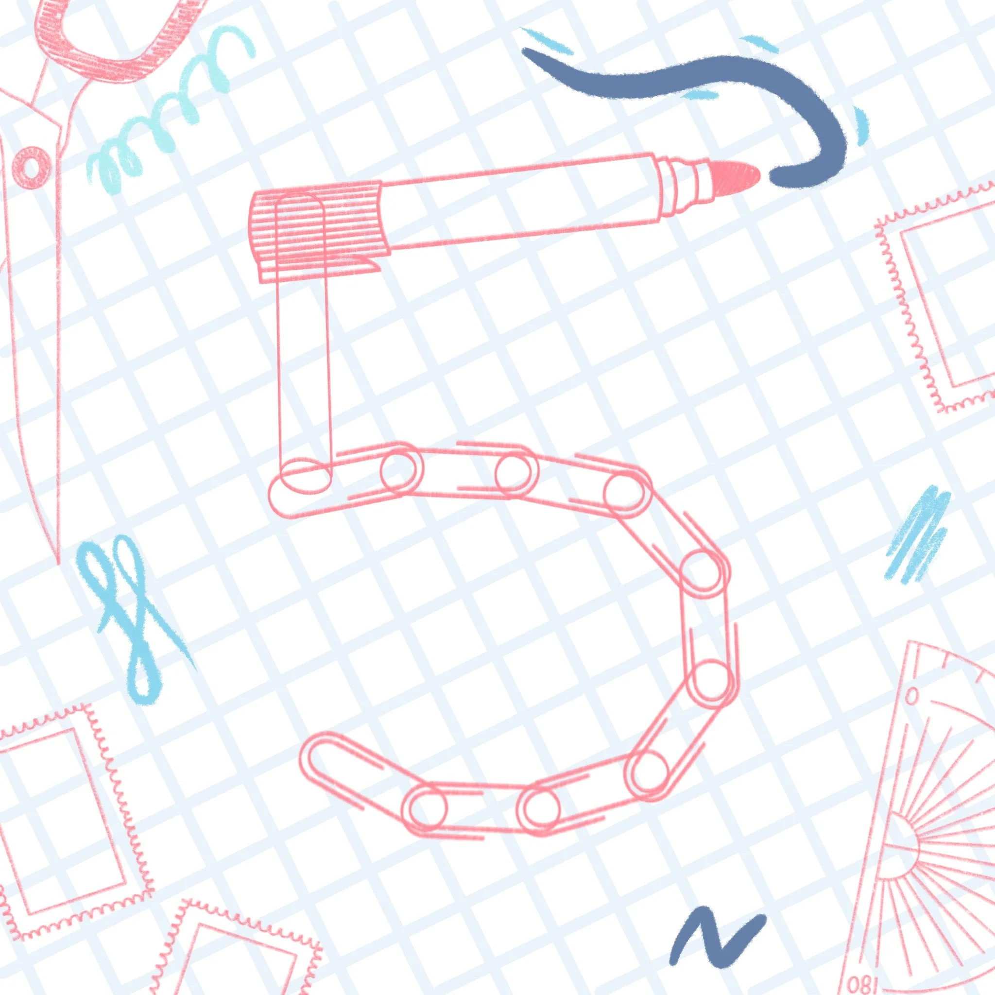 A fabric pattern featuring sewing-themed drawings such as scissors, a sewing machine arm, a tape measure, scissors, and frames, all in pink and blue on a grid background.