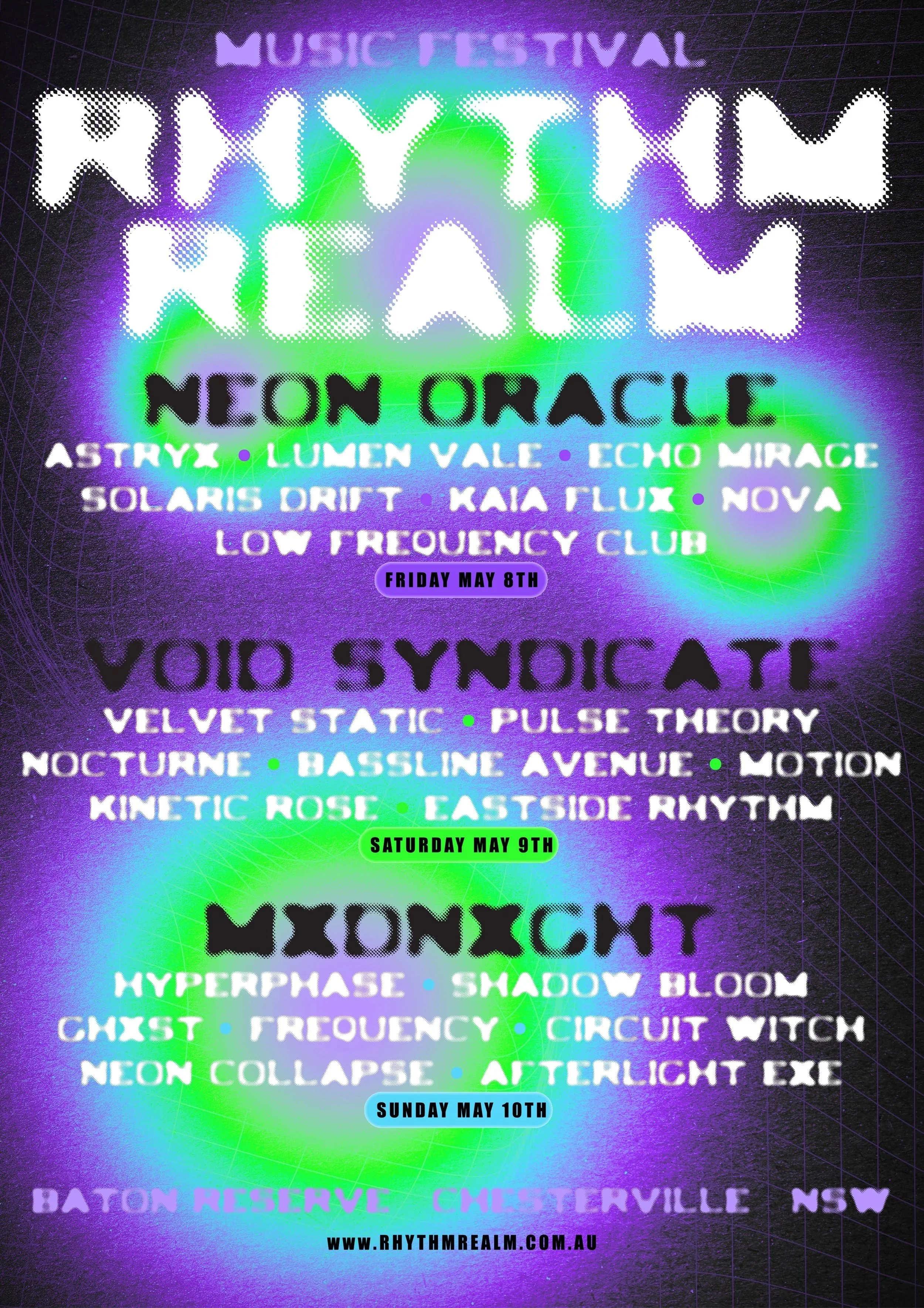 Poster for a music festival featuring electronic and trance artists. The event spans three days from May 8th to May 10th at Baton Reserve in Chesterville, NSW. Headliners include HIYTXM, NEON ORACLE, VOID SYNDCATE, and MXMΞXCT, with numerous supporti
