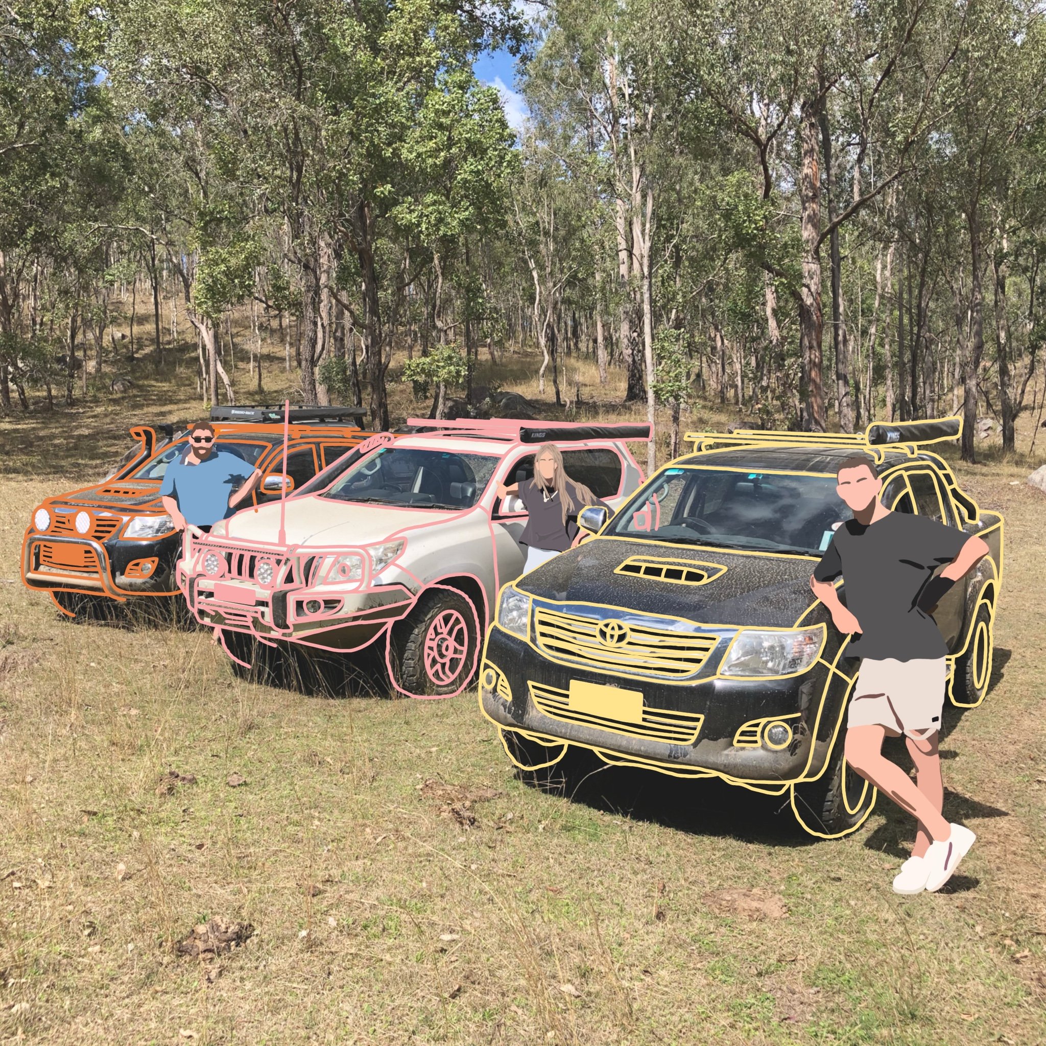 Three cars parked in a forest clearing with three people posing beside them, outlined in colored lines.