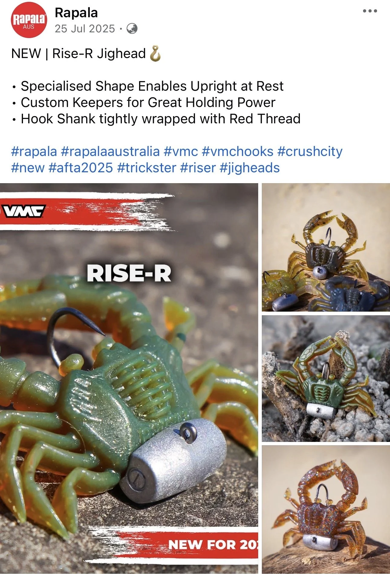 Promotion for Rise-R Jighead fishing hook by Rapala, featuring close-up images of a green crab and three different crabs with fishing hooks attached to their claws.