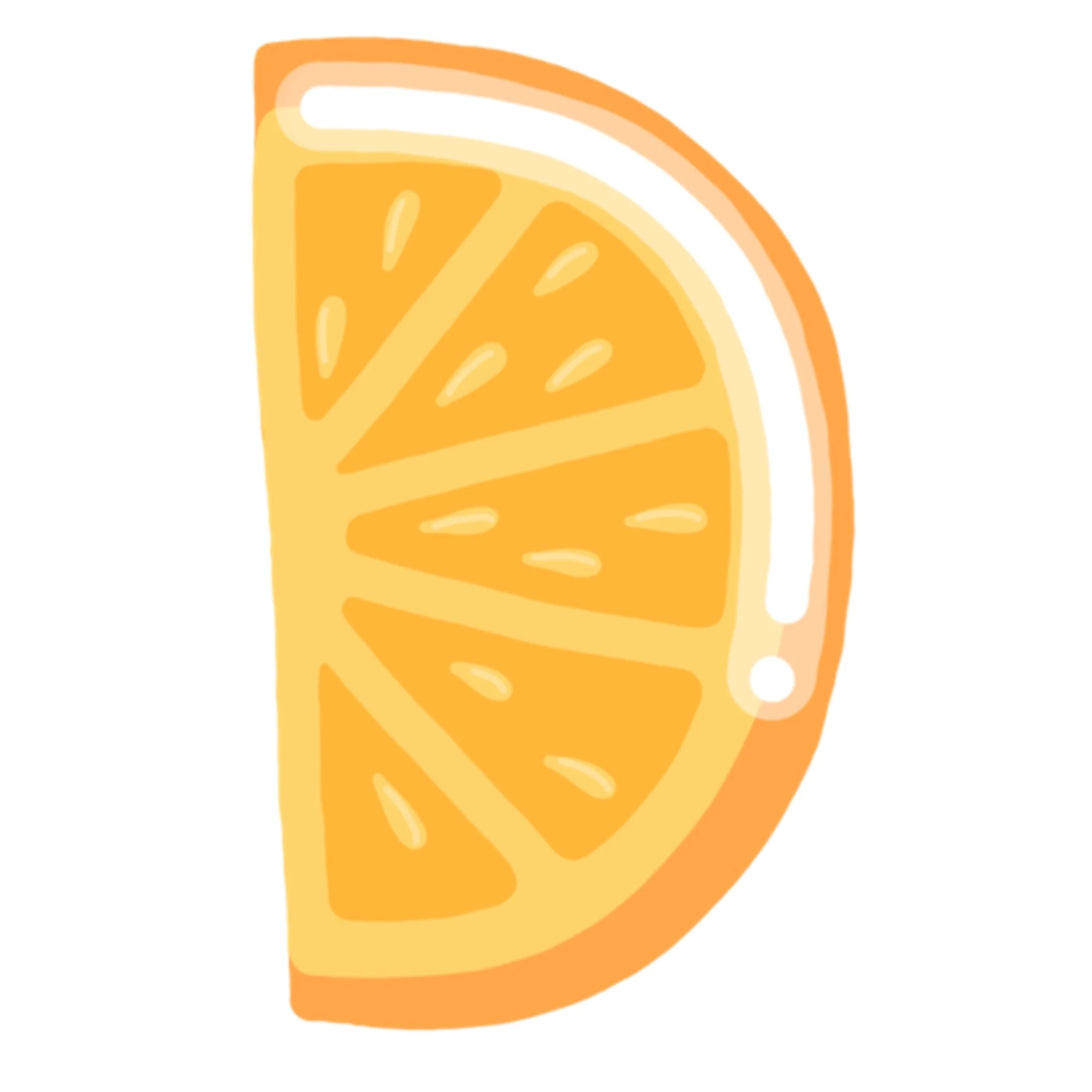 Cartoon orange wedge with segments and a shiny surface.