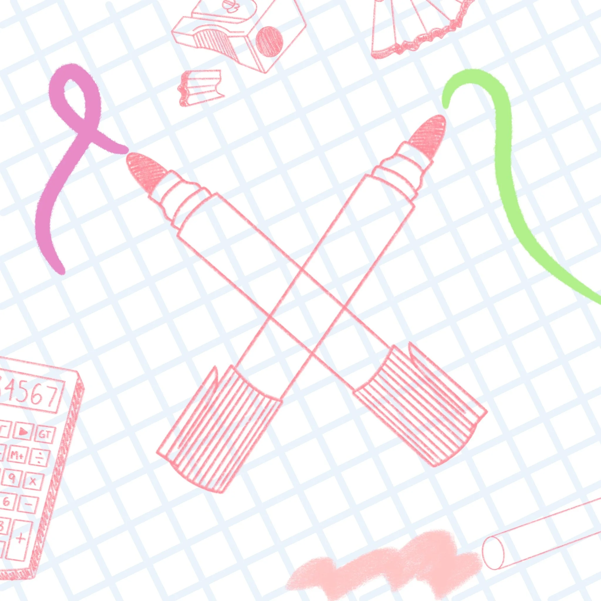 A background with a grid pattern featuring hand-drawn items such as two crossed lipstick tubes, a pink ribbon, a calculator, a chalk, a stack of books, and a crayon.