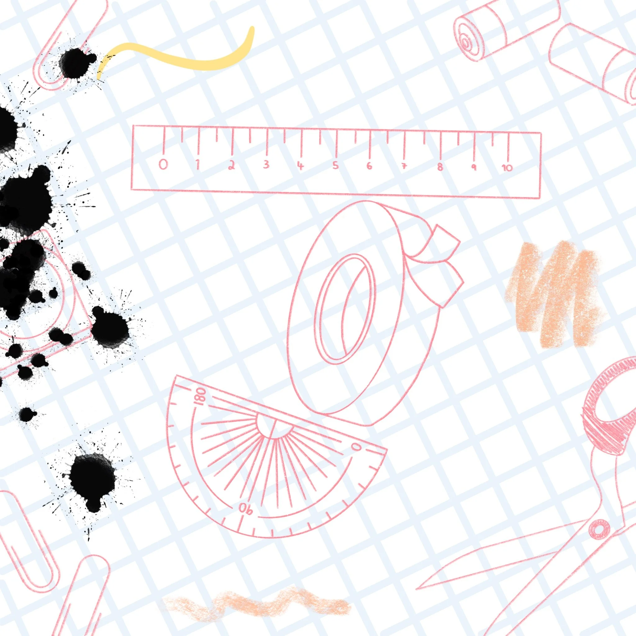 A colorful pattern featuring school supplies and geometric shapes on a light grid background, including a ruler, protractor, scissors, crayon, and orange patches, with black ink splatters.