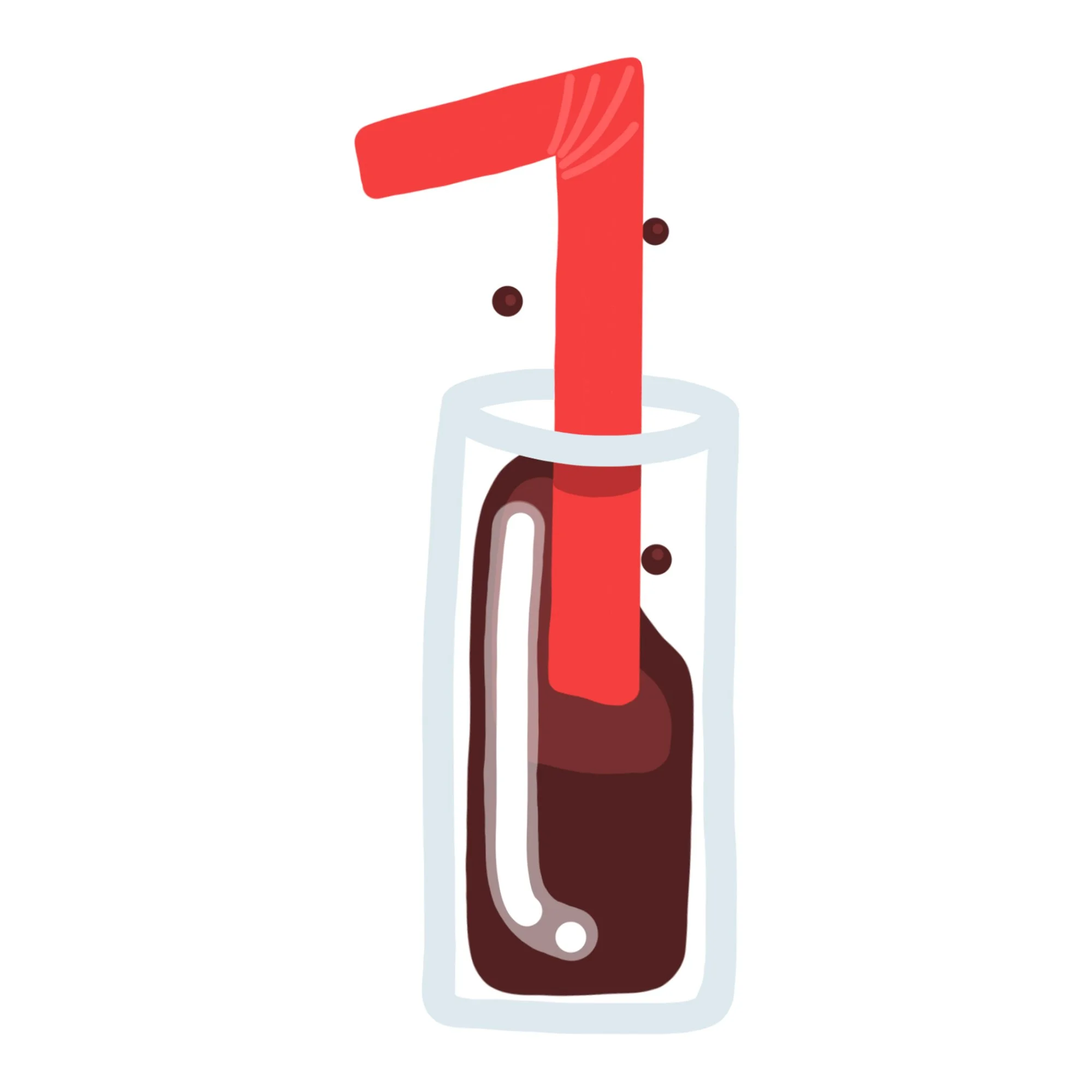 Illustration of a red number one candle in a glass of dark soda, with a straw and bubbles.