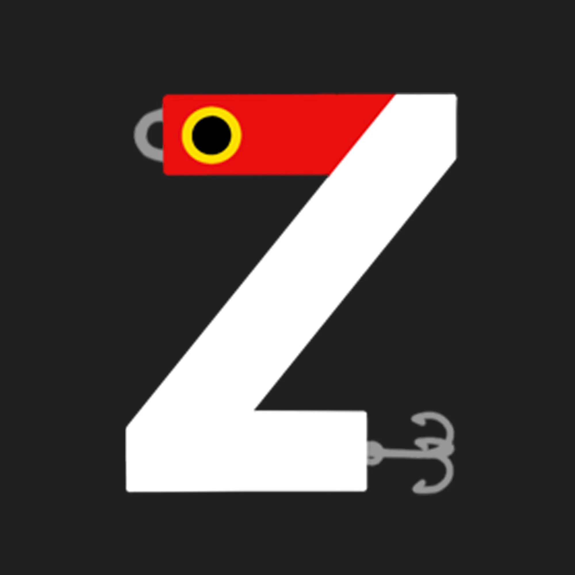 A graphic illustration of the letter 'Z' with a dinosaur theme, featuring a red head with yellow and black eyes at the top, and a tail with a hook at the bottom, all set against a black background.