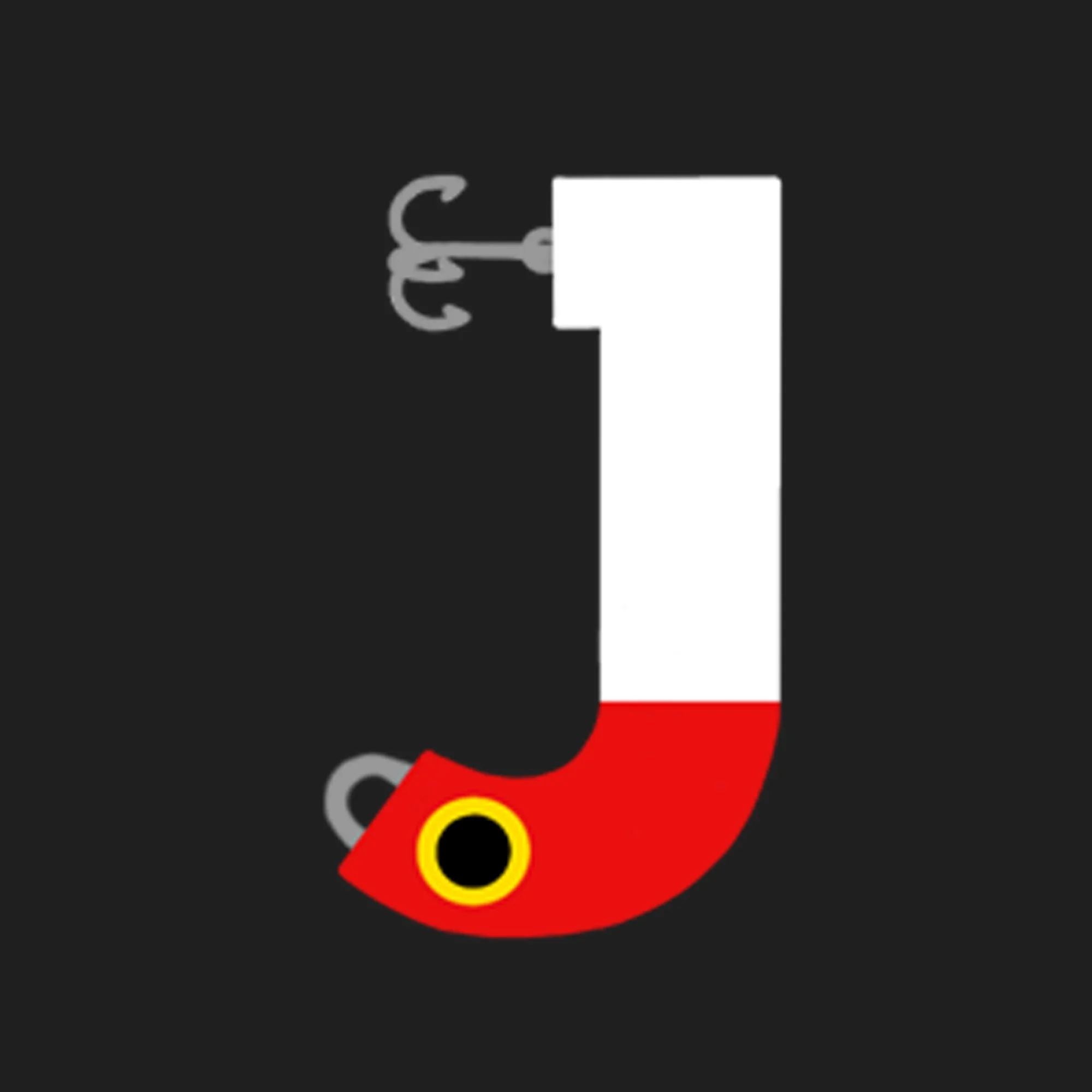 A stylized illustration of a fishing hook with a fish's head, set against a black background. The fish is red with yellow and black eye features.