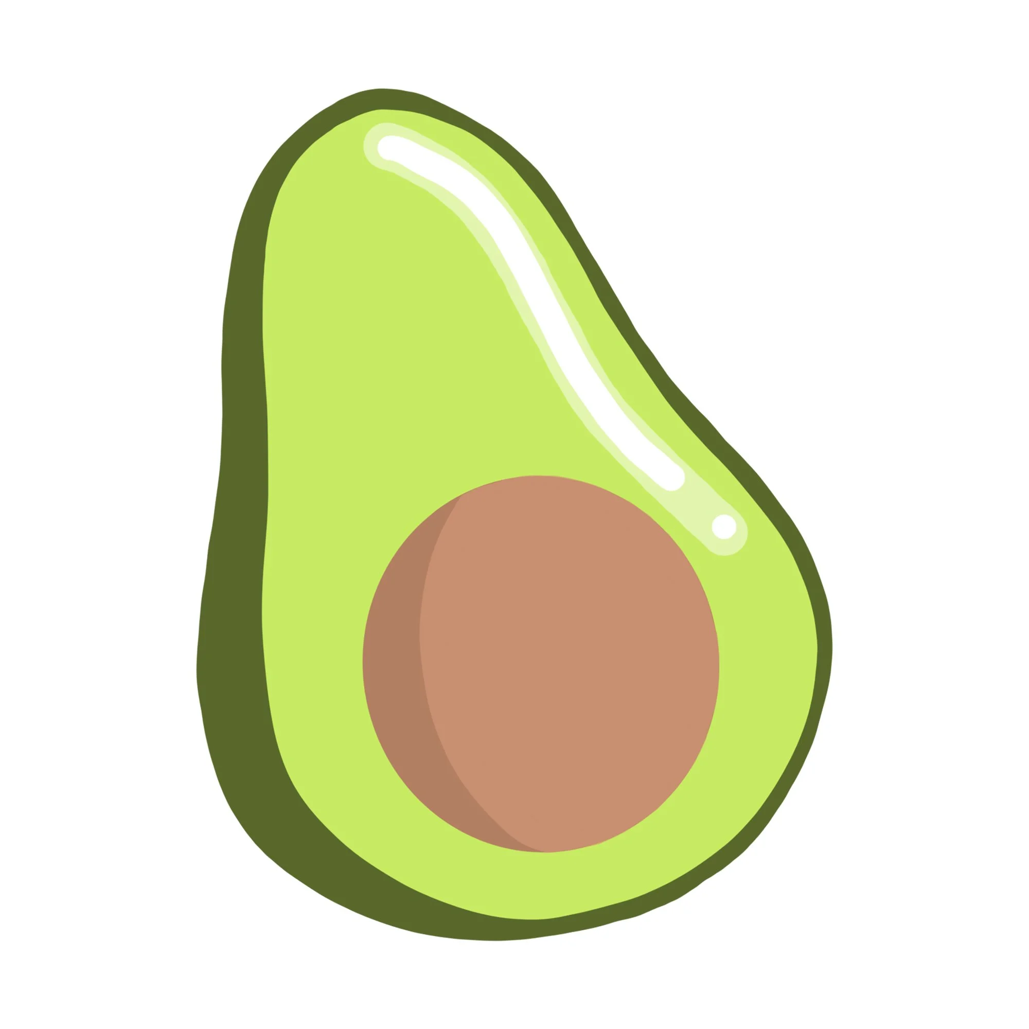 Illustration of half an avocado with a brown seed inside, green outer skin and light green flesh.
