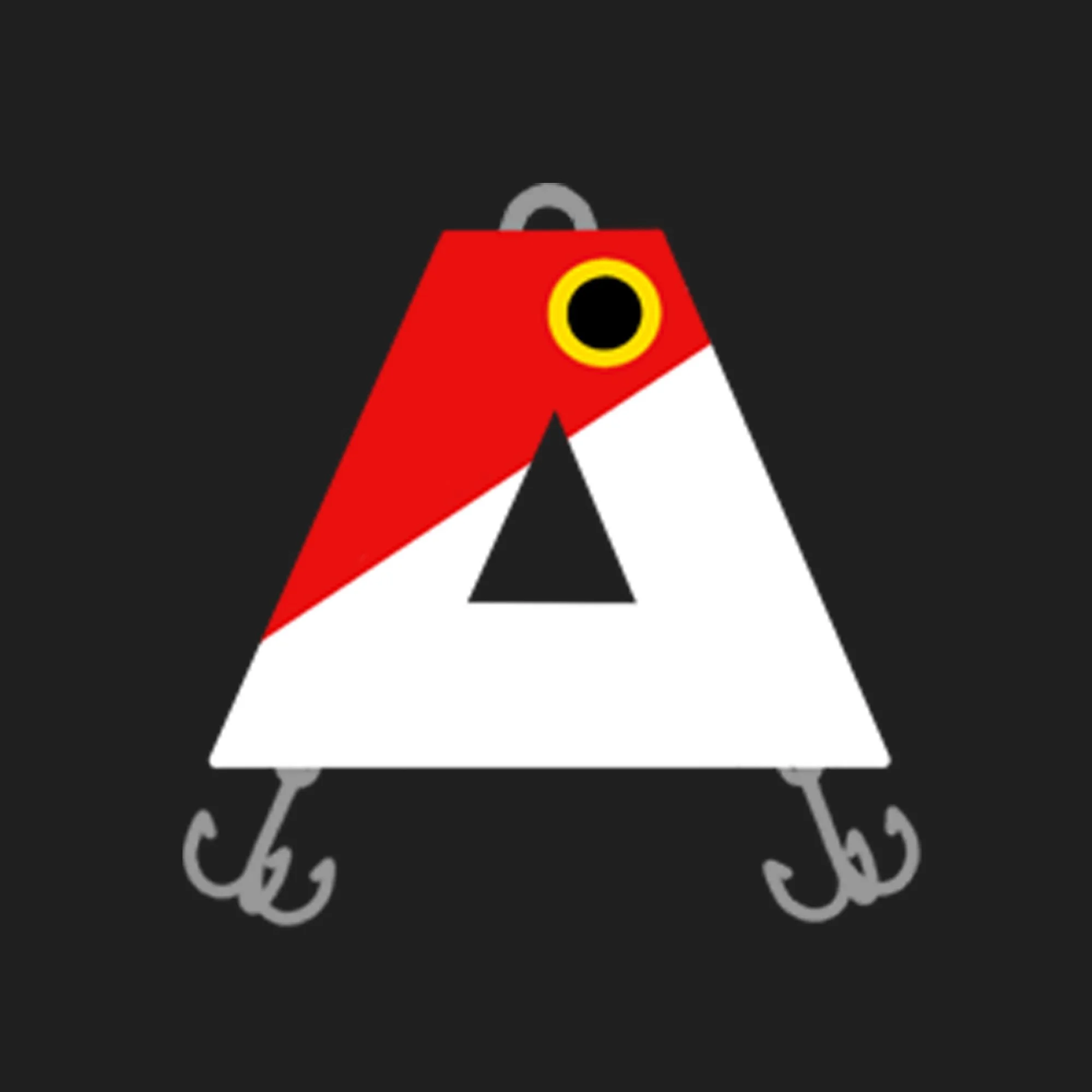 A digital illustration of a stylized creature with a triangular body, red and white coloration, a single yellow and black eye, two thin gray legs with hooks, and a large black triangle for a mouth, set against a black background.