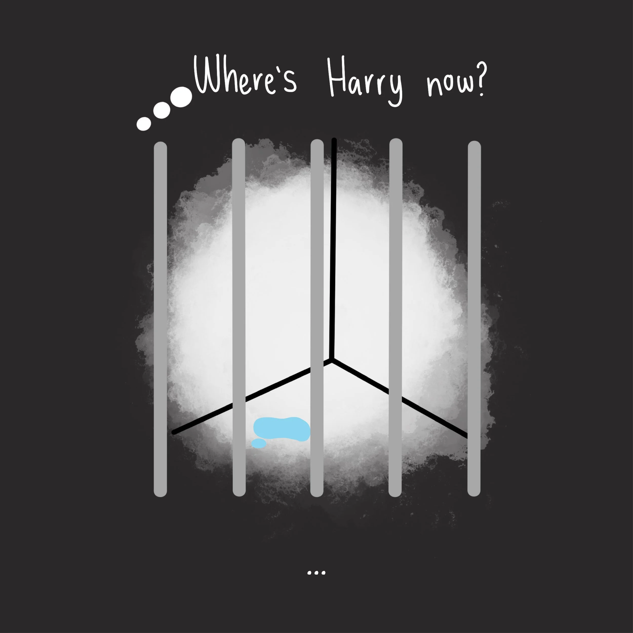 Cartoon illustration of a cell with a small blue water puddle inside, behind vertical prison bars, with the text 'Where's Harry now?' at the top.