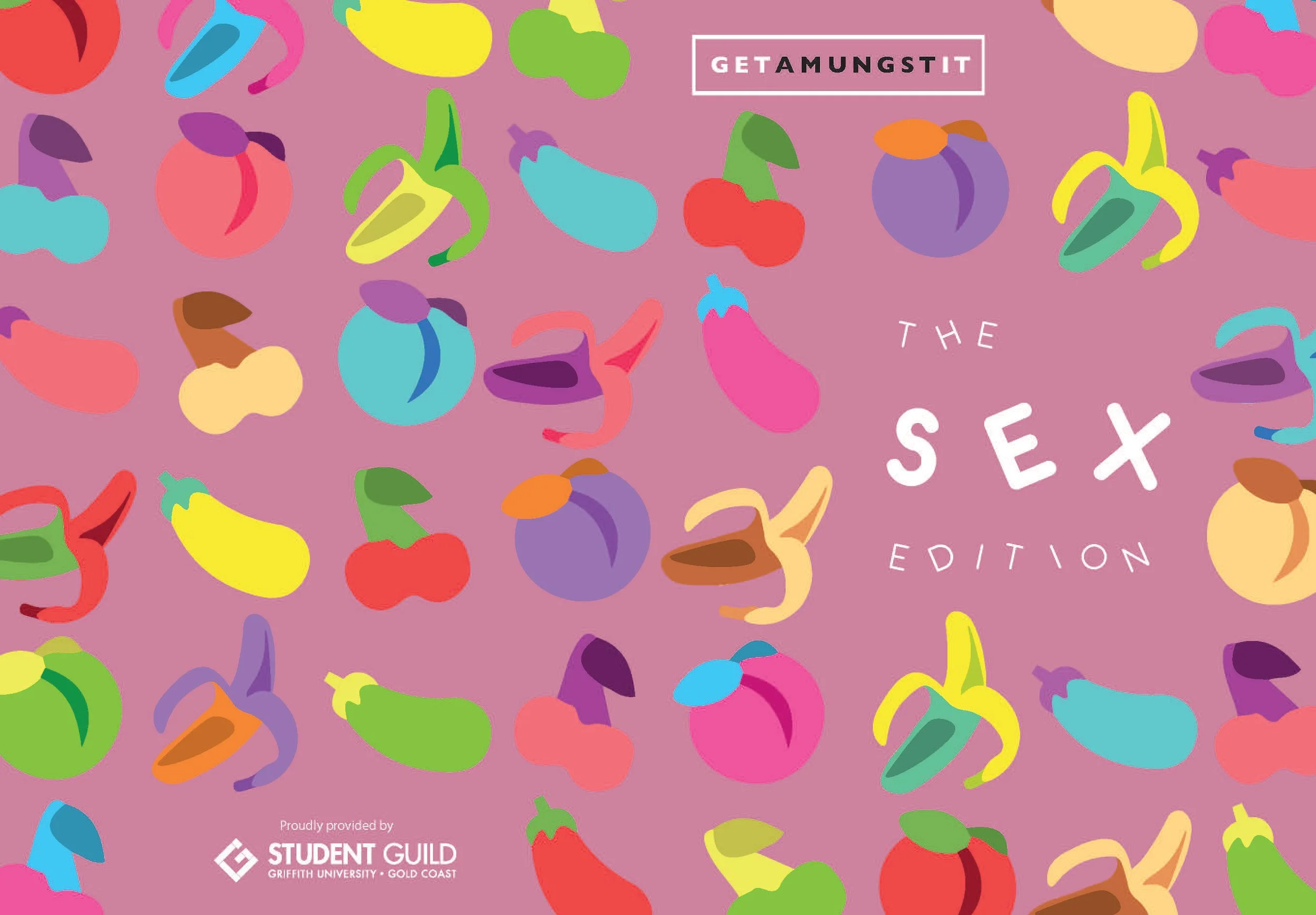 Colorful illustration with abstract, stylized fruit shapes like cherries, bananas, berries, and peaches on a pink background. Text in the middle reads 'The Sex Edition' and a small label in the upper right says 'Get Mungst'.