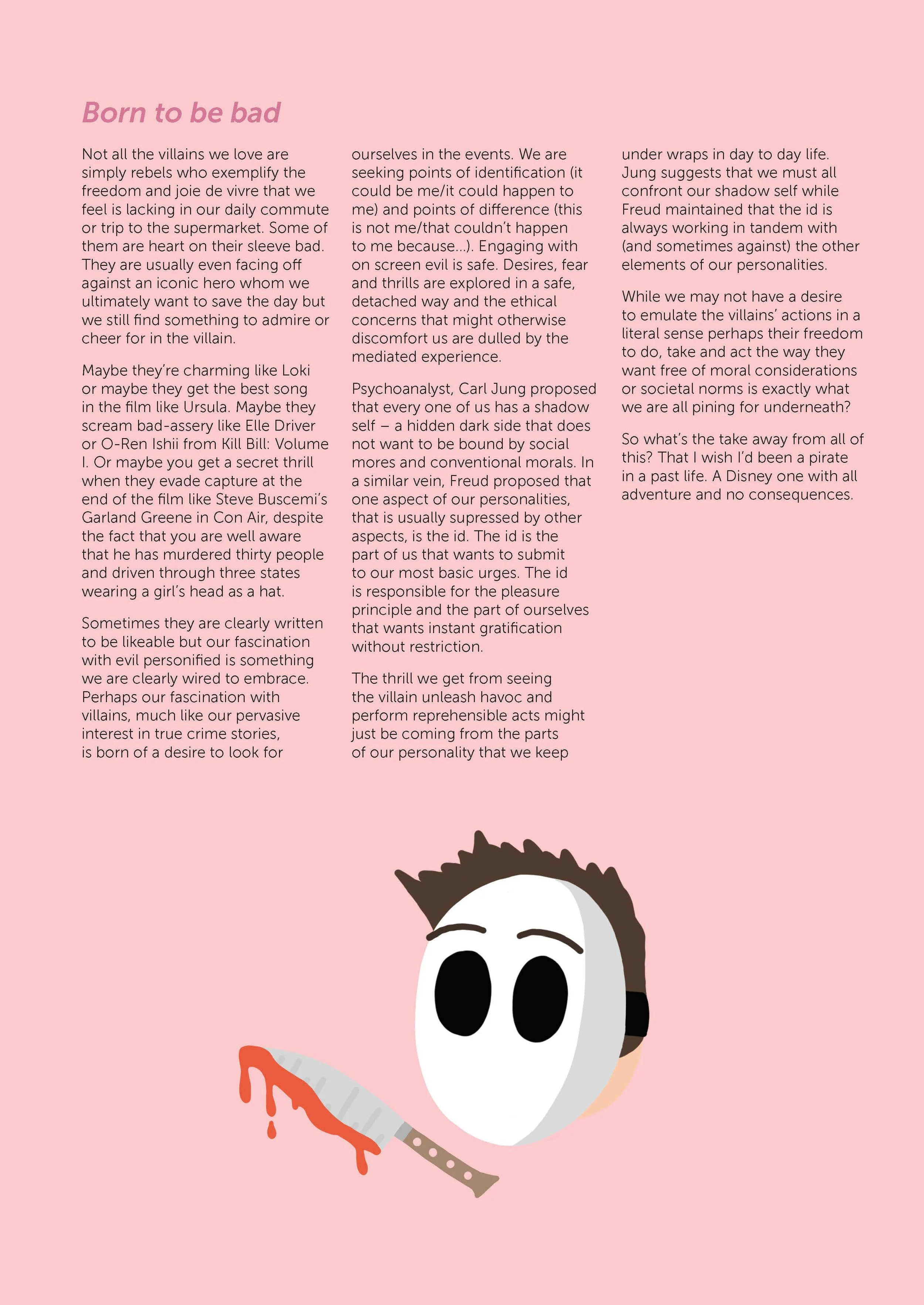 A pink page with black text formatted in columns, titled "Born to be bad" in purple italics. The page contains an essay discussing villains, evil, and human nature. At the bottom right, there is a cartoon illustration of a white mask with black eye h