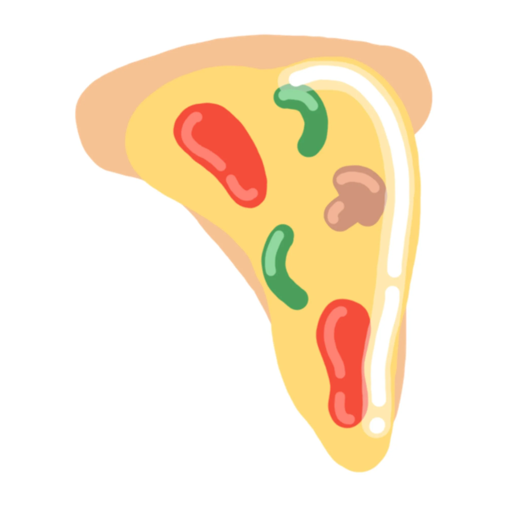 Illustration of a slice of pizza with various toppings including green peppers, red pepperoni, mushrooms, and jalapenos.