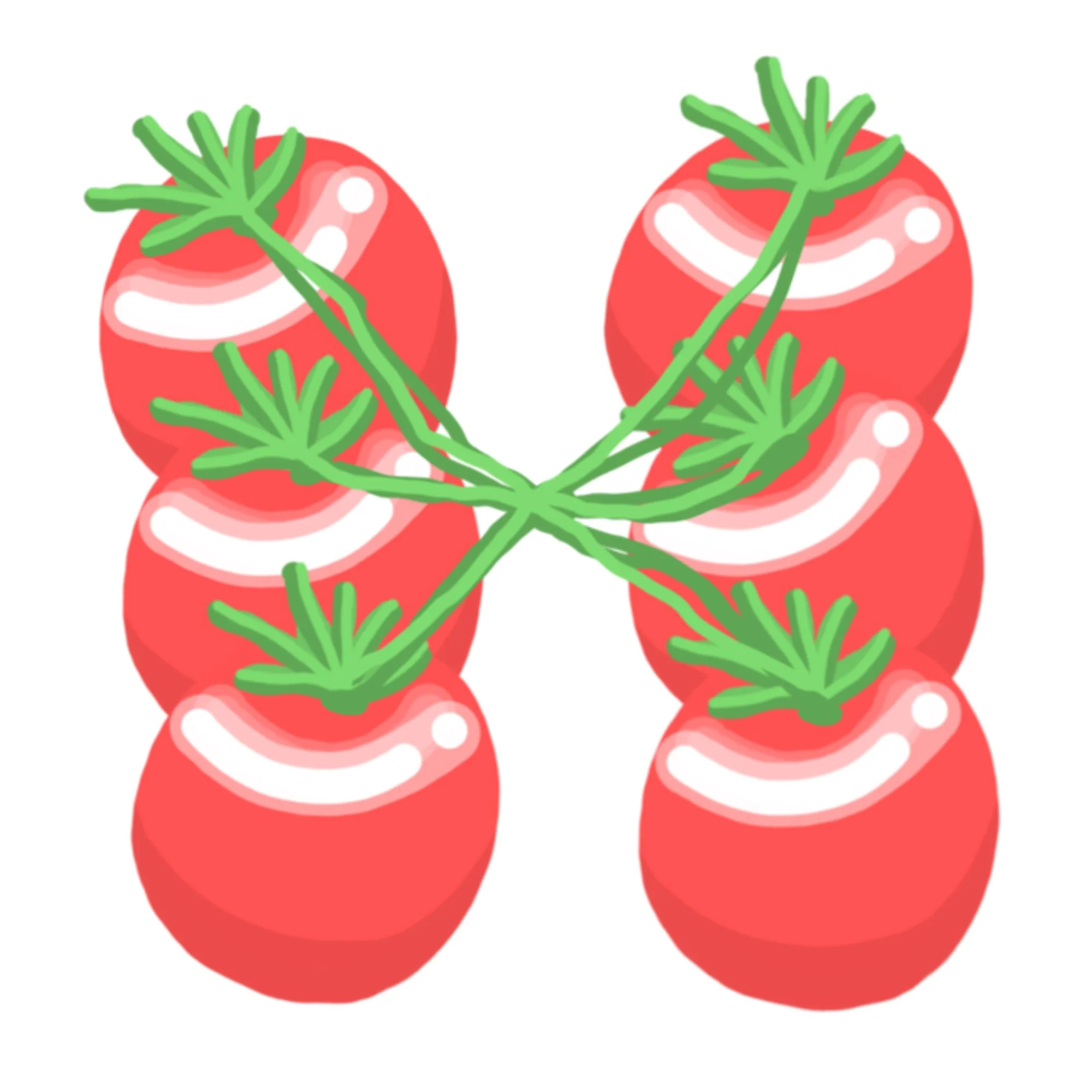 Illustration of six red tomatoes with green stems against a white background.