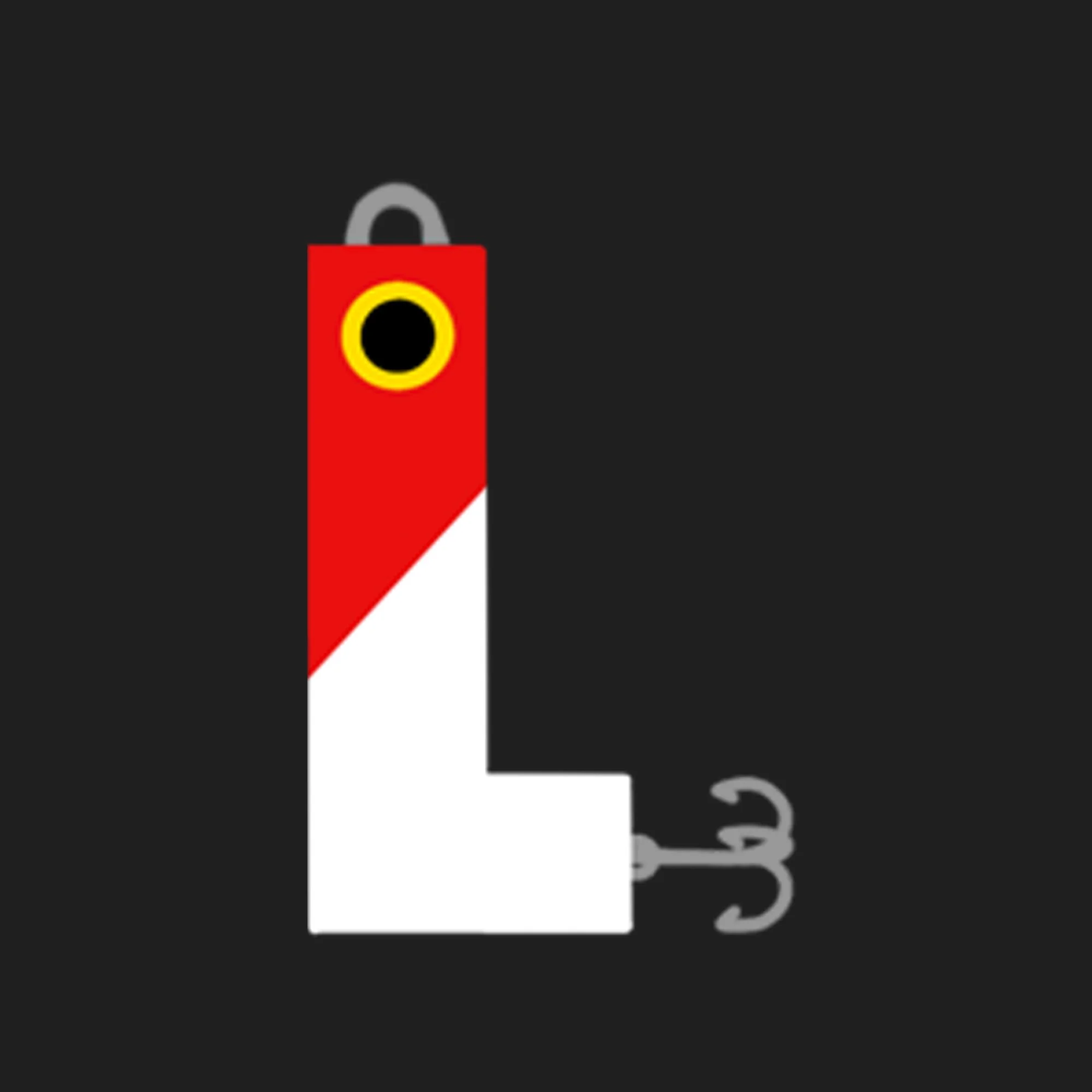 A stylized cartoon figure of a robot with a rectangular body, one arm with a hook, and a yellow and black circular eye, set against a black background.