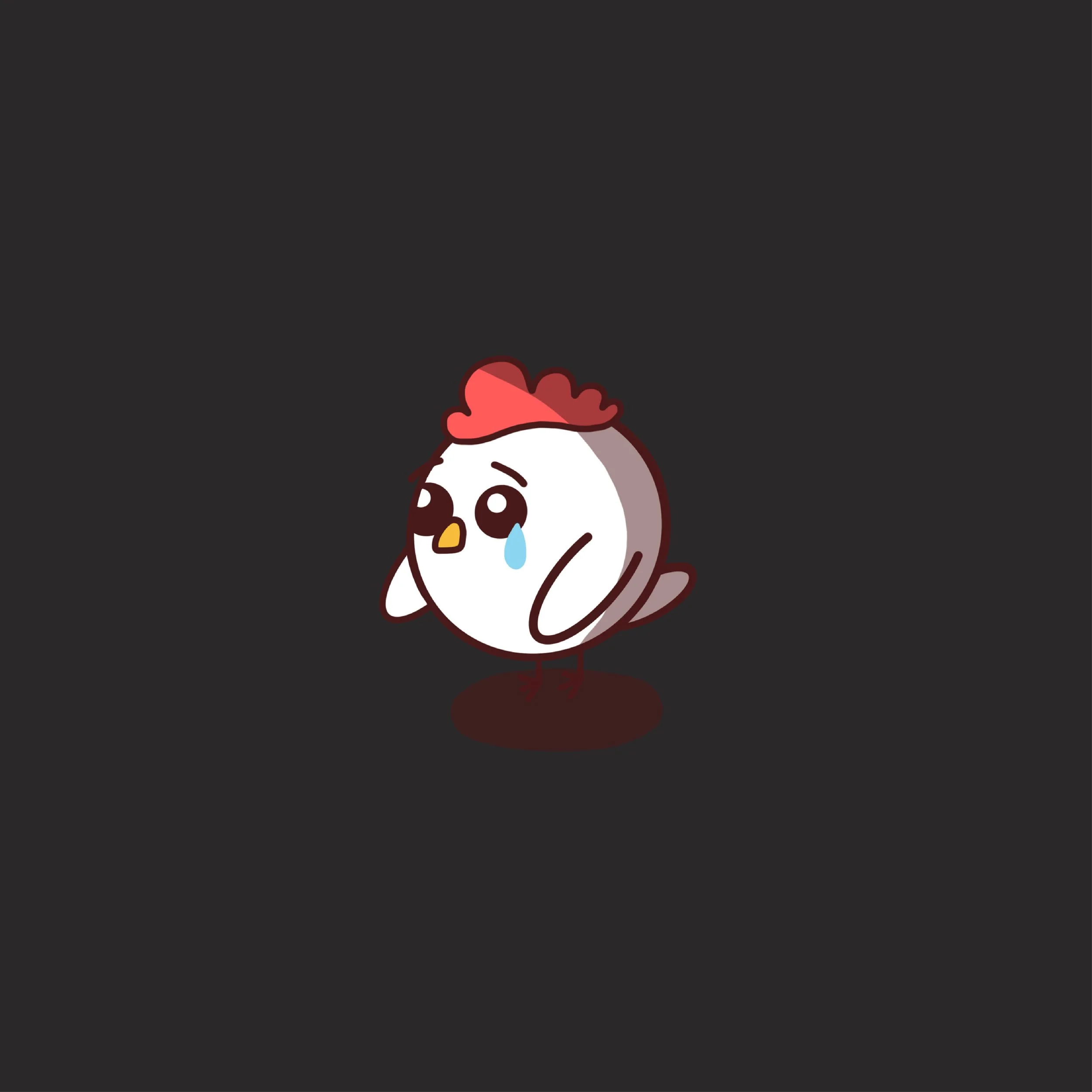Sad cartoon chicken with a red comb, white body, and tear falling from one eye, standing alone on a dark background.
