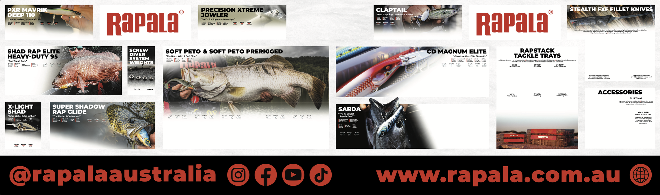 Compilation of multiple fishing-related products including fishing rods, lures, tackle trays, and a large fish, with branding for Rapala and their website, along with social media icons.