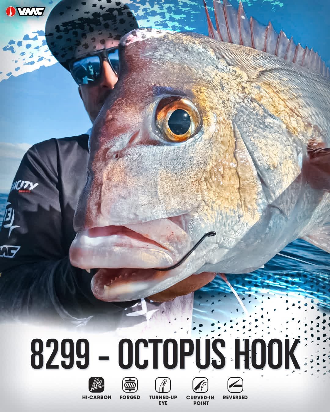 Person holding a large fish, likely a snapper, with visible octopus hooks in its mouth, on a boat with the sea and sky in the background.