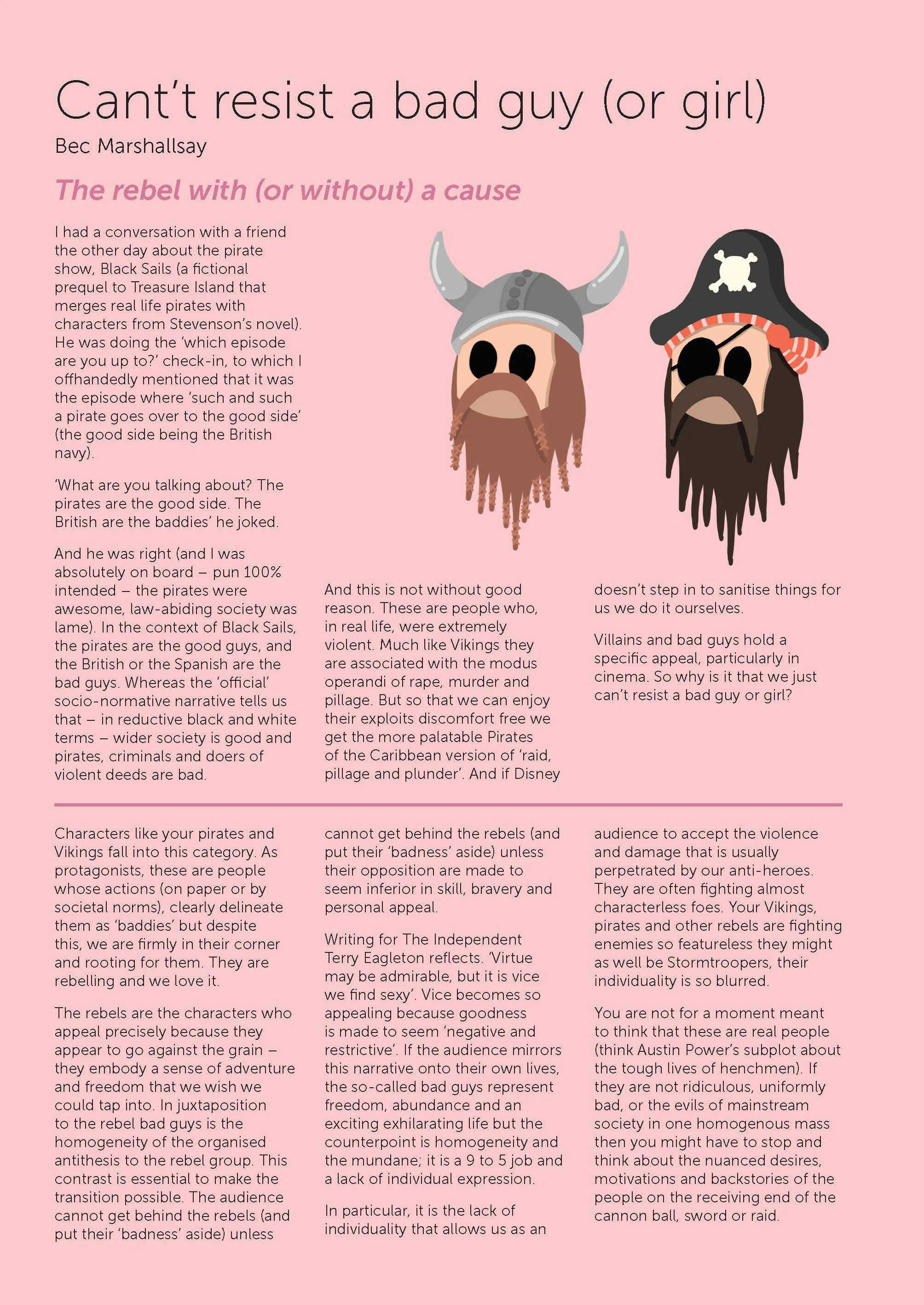 An illustration of two pirate characters with beards, one wearing a gray Viking helmet with horns and the other a black pirate hat with a skull and crossbones, against a pink background. The image is part of an article discussing pirates and villains
