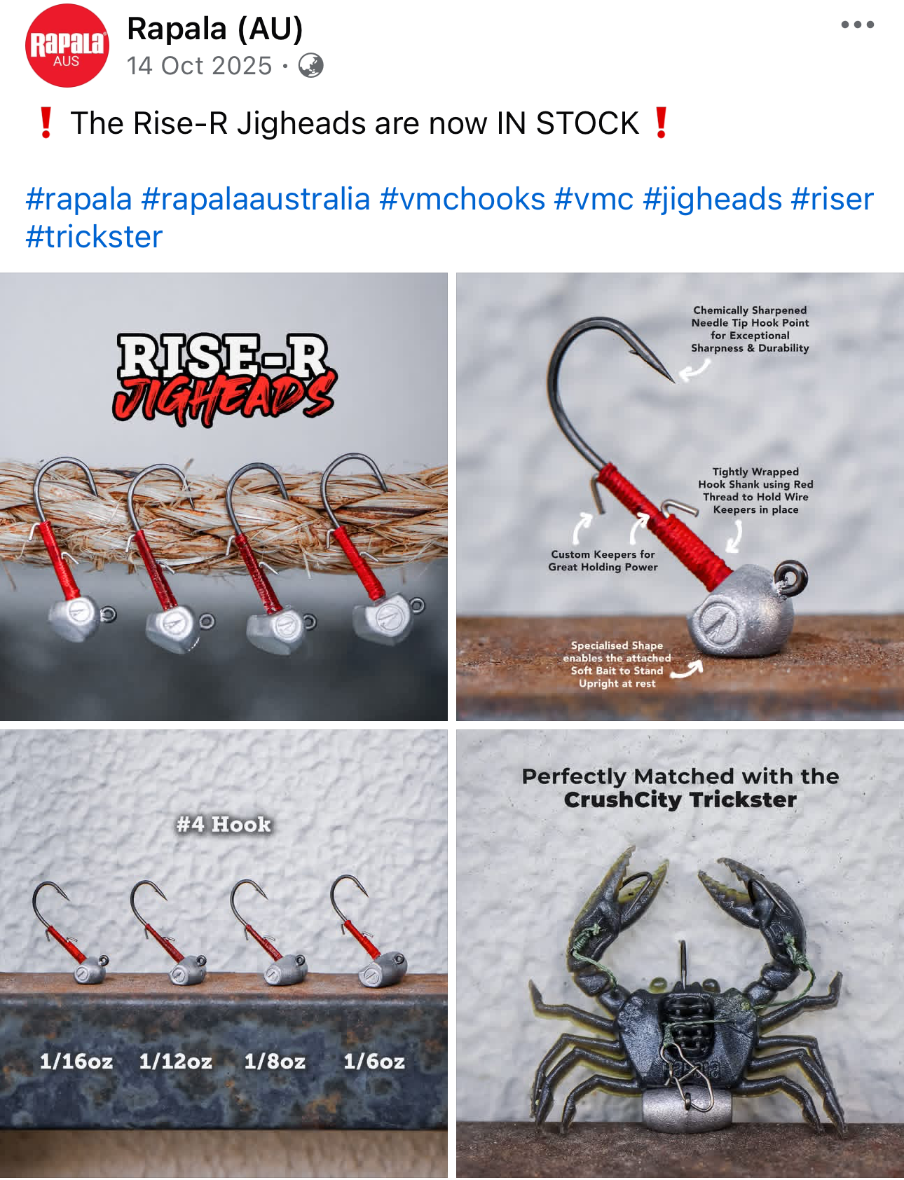 Advertisement for Rise-R Jigheads featuring images of fishing hooks with red and silver accents, detailed close-ups of hook components and descriptions, and a matching crayfish lure with a clip, emphasizing their compatibility.
