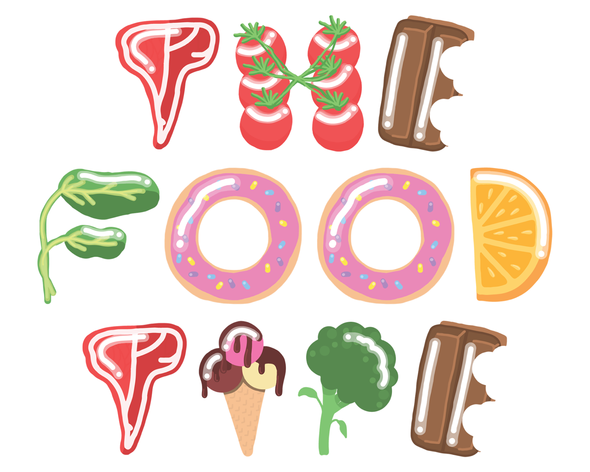 Illustrated text spelling "Food" with images of meat, tomatoes, chocolate, cucumbers, donuts, orange slice, ice cream cone, broccoli, and chocolate bars.