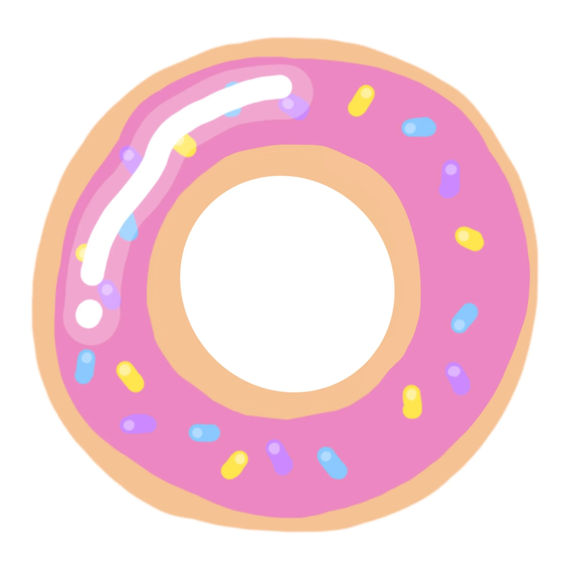 Cartoon illustration of a pink sprinkled donut with white icing.
