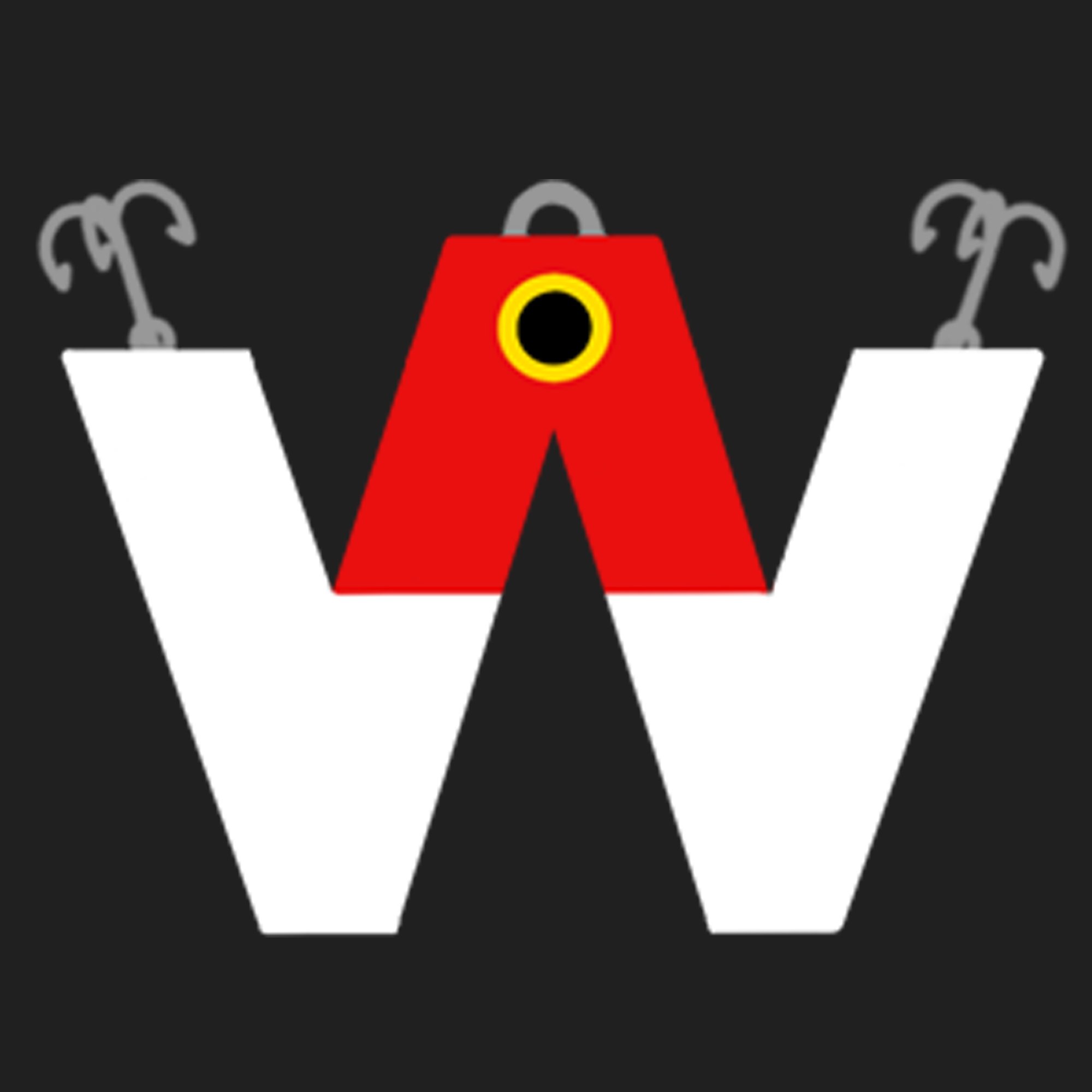 Illustration of a large white letter W with hooks on top, and a red letter A with a black circle inside a yellow ring on top of the W, against a black background.